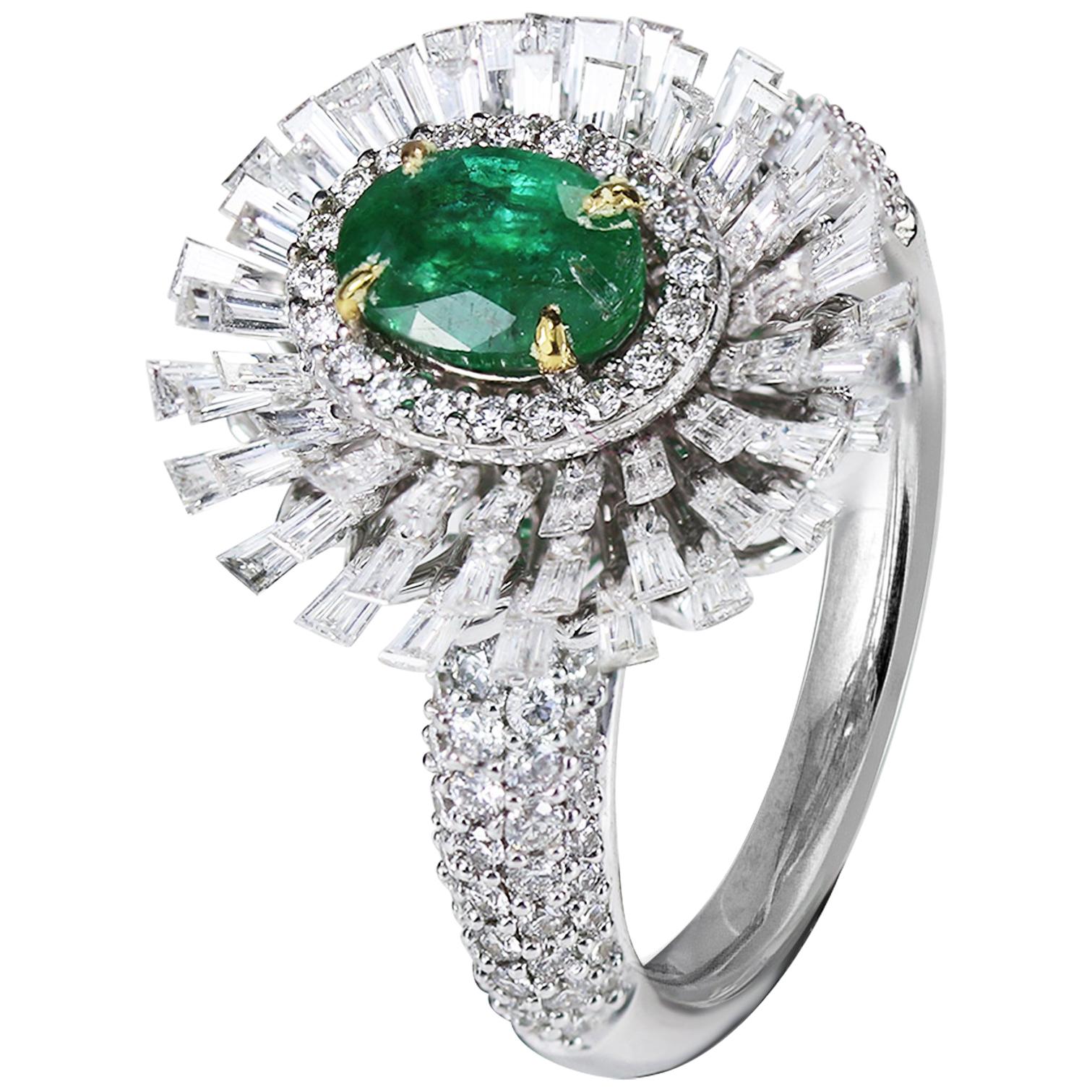 Studio Rêves Emerald and Baguette Diamonds Ring in 18 Karat Gold