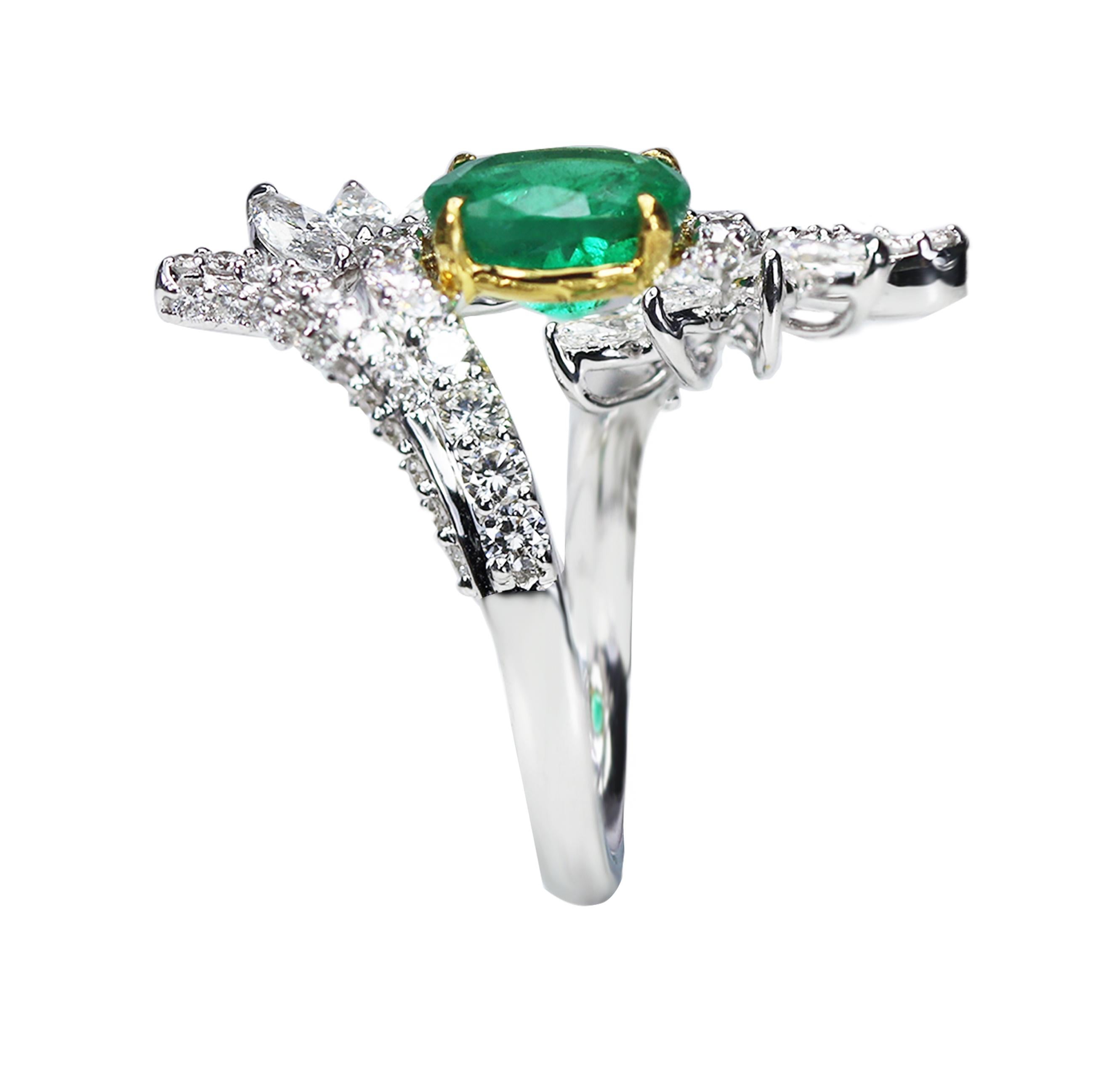 Oval Cut Studio Rêves Emerald and Diamond Ring in 18 Karat Gold For Sale