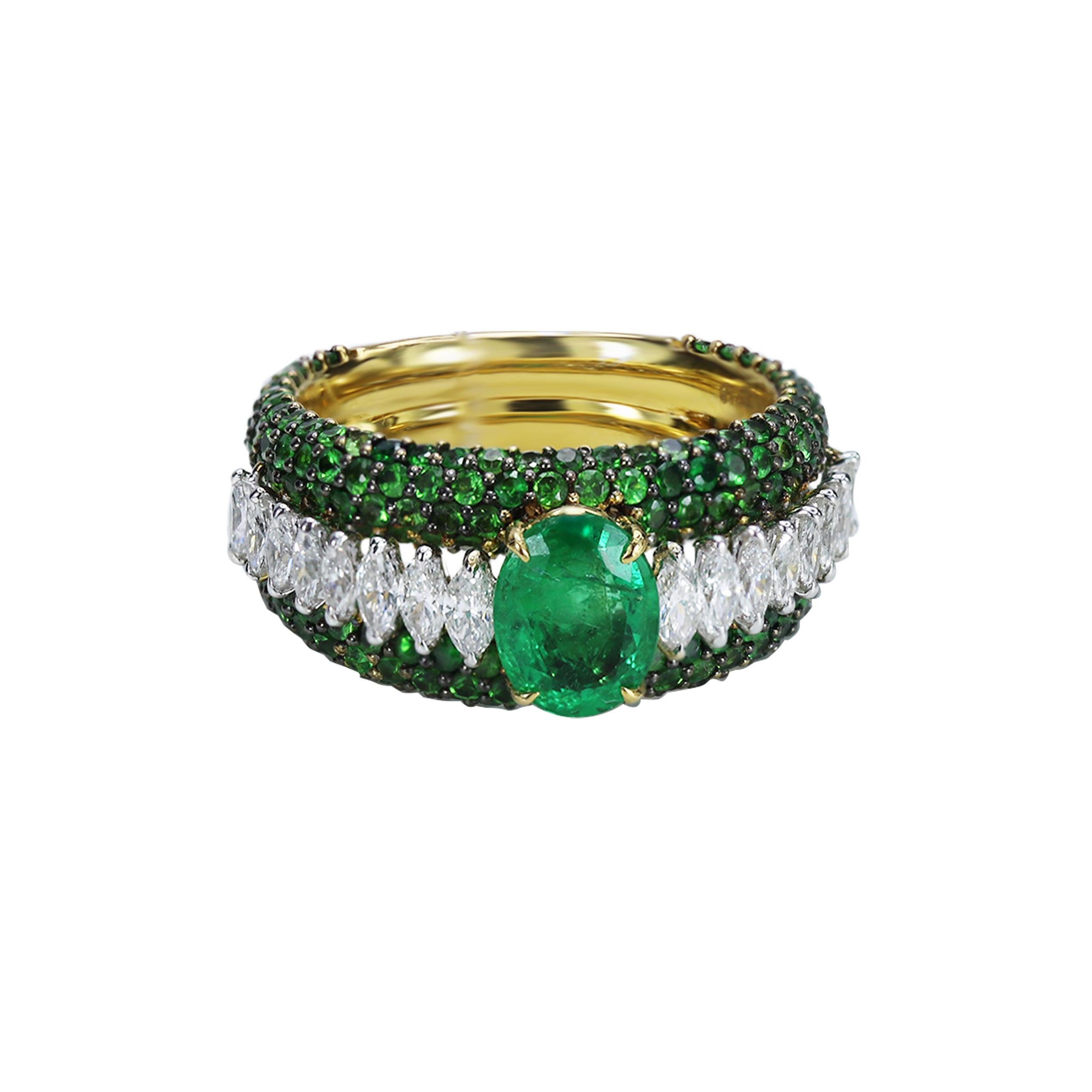 Art Deco Studio Rêves Emerald and Marquise Diamond Band Ring in 18 Karat Gold  For Sale