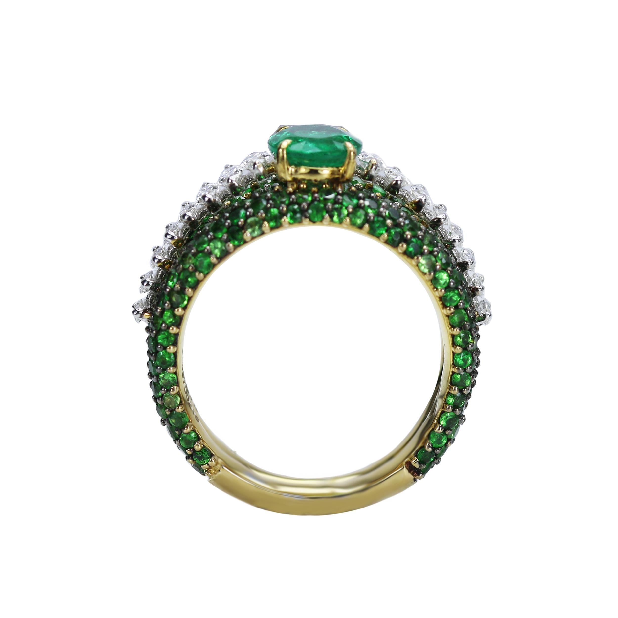Oval Cut Studio Rêves Emerald and Marquise Diamond Band Ring in 18 Karat Gold  For Sale