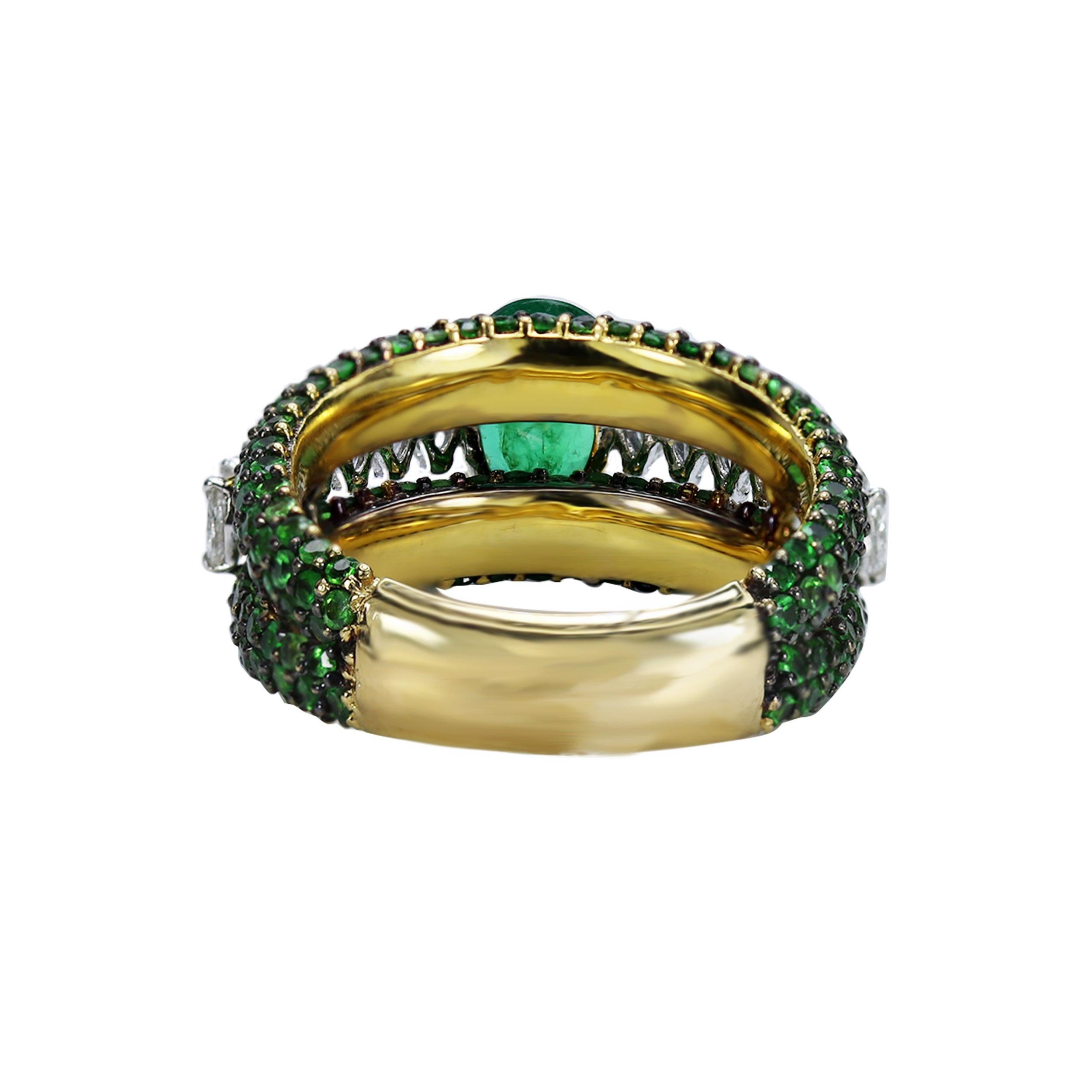 Women's Studio Rêves Emerald and Marquise Diamond Band Ring in 18 Karat Gold  For Sale