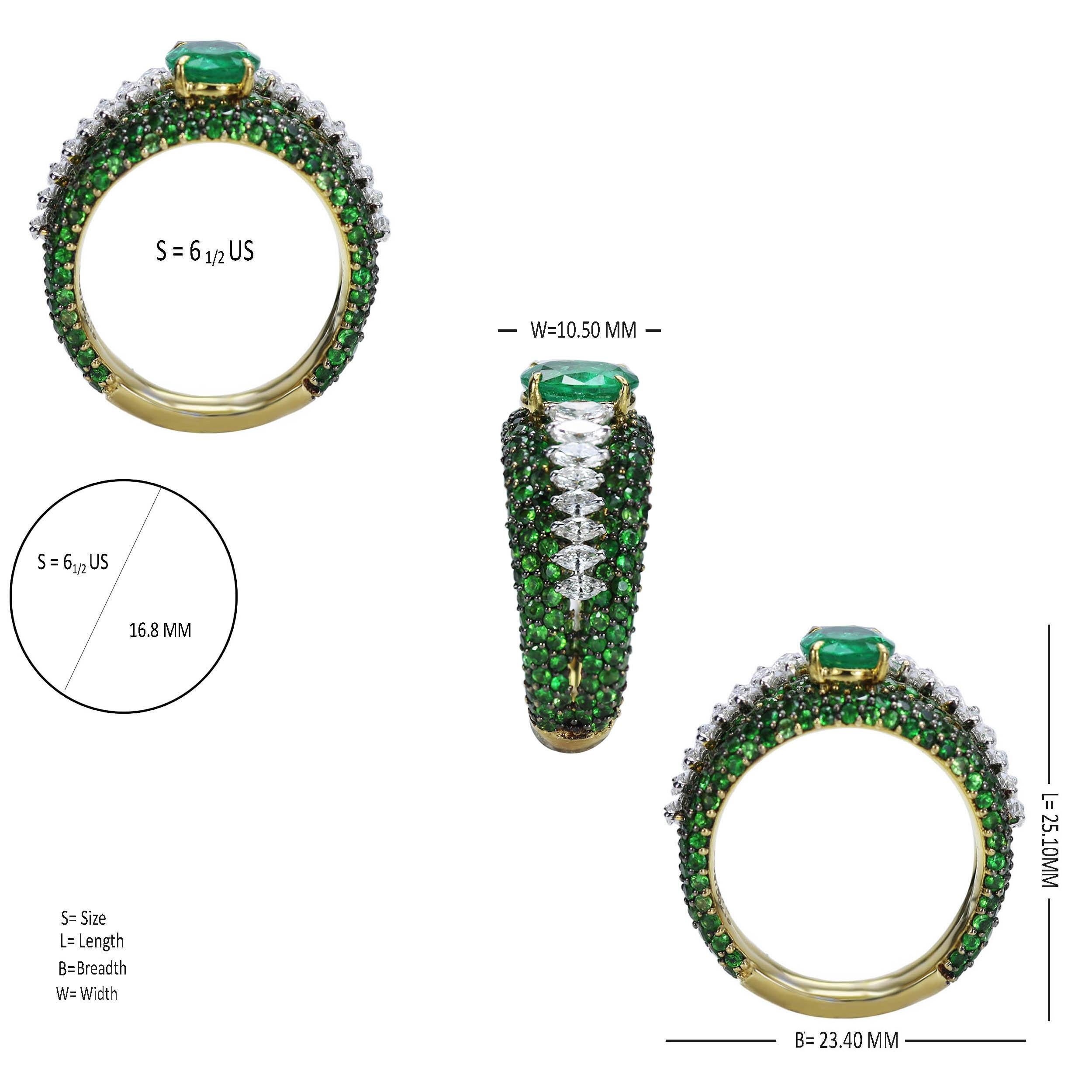 Studio Rêves Emerald and Marquise Diamond Band Ring in 18 Karat Gold  For Sale 1