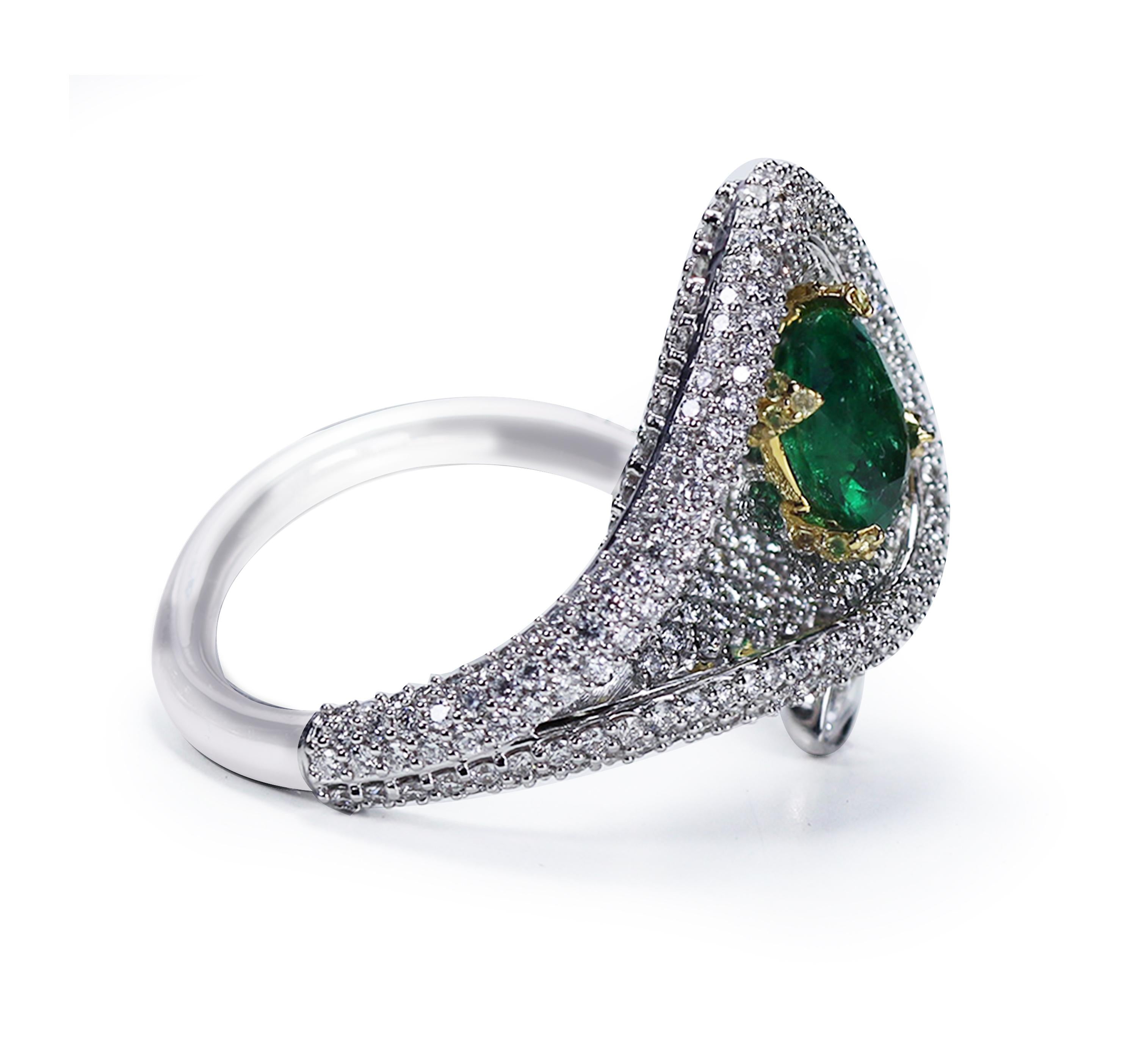 Oval Cut Studio Rêves Emeralds and Diamonds Drop Cocktail Ring in 18 Karat Gold For Sale