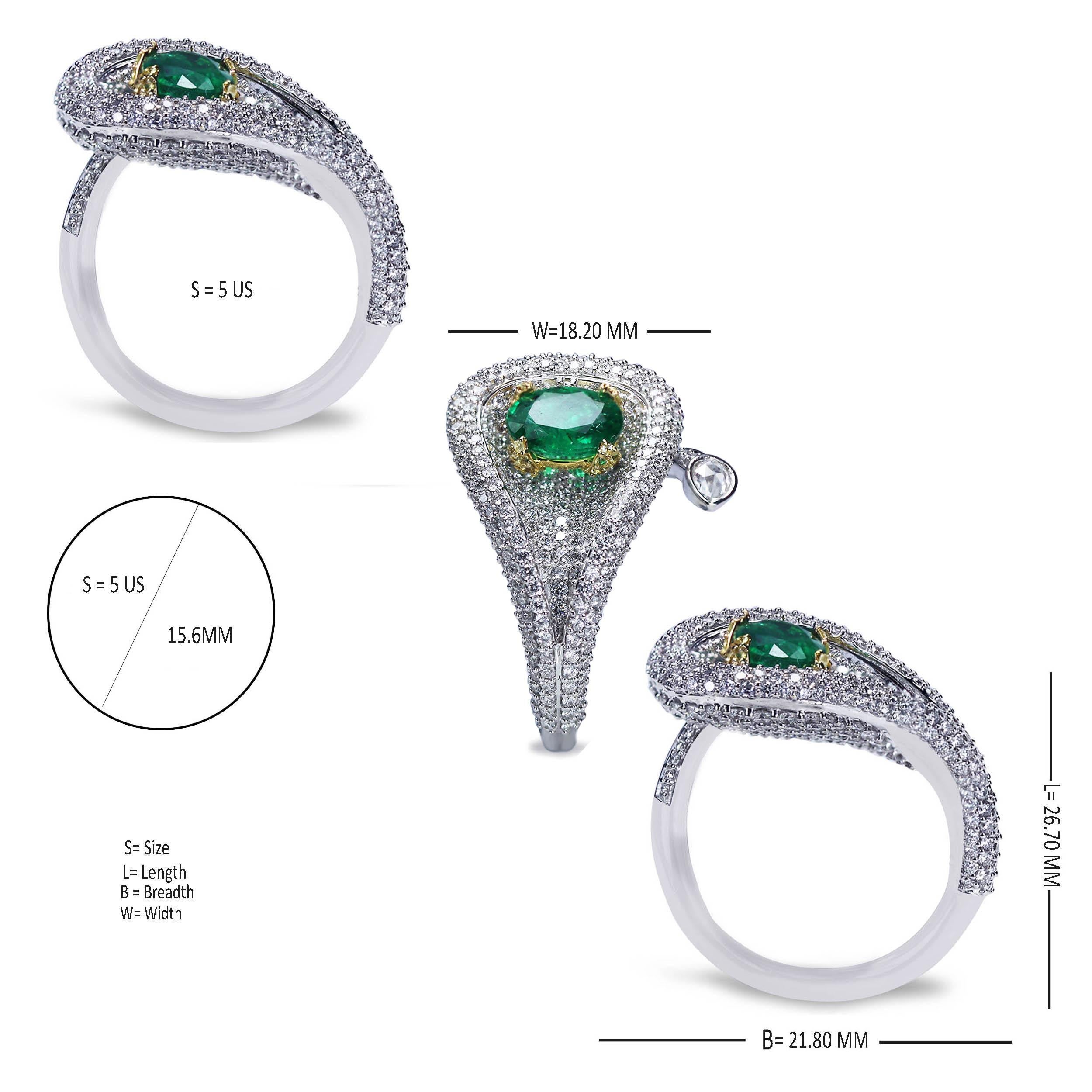 Studio Rêves Emeralds and Diamonds Drop Cocktail Ring in 18 Karat Gold For Sale 2