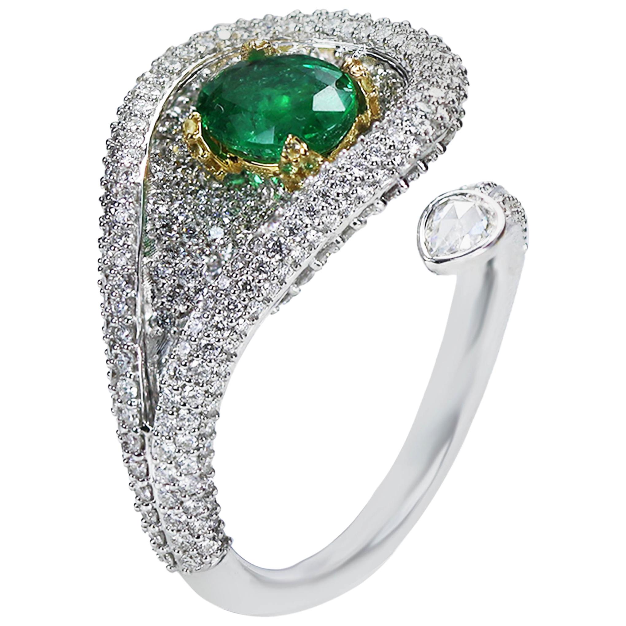 Studio Rêves Emeralds and Diamonds Drop Cocktail Ring in 18 Karat Gold For Sale