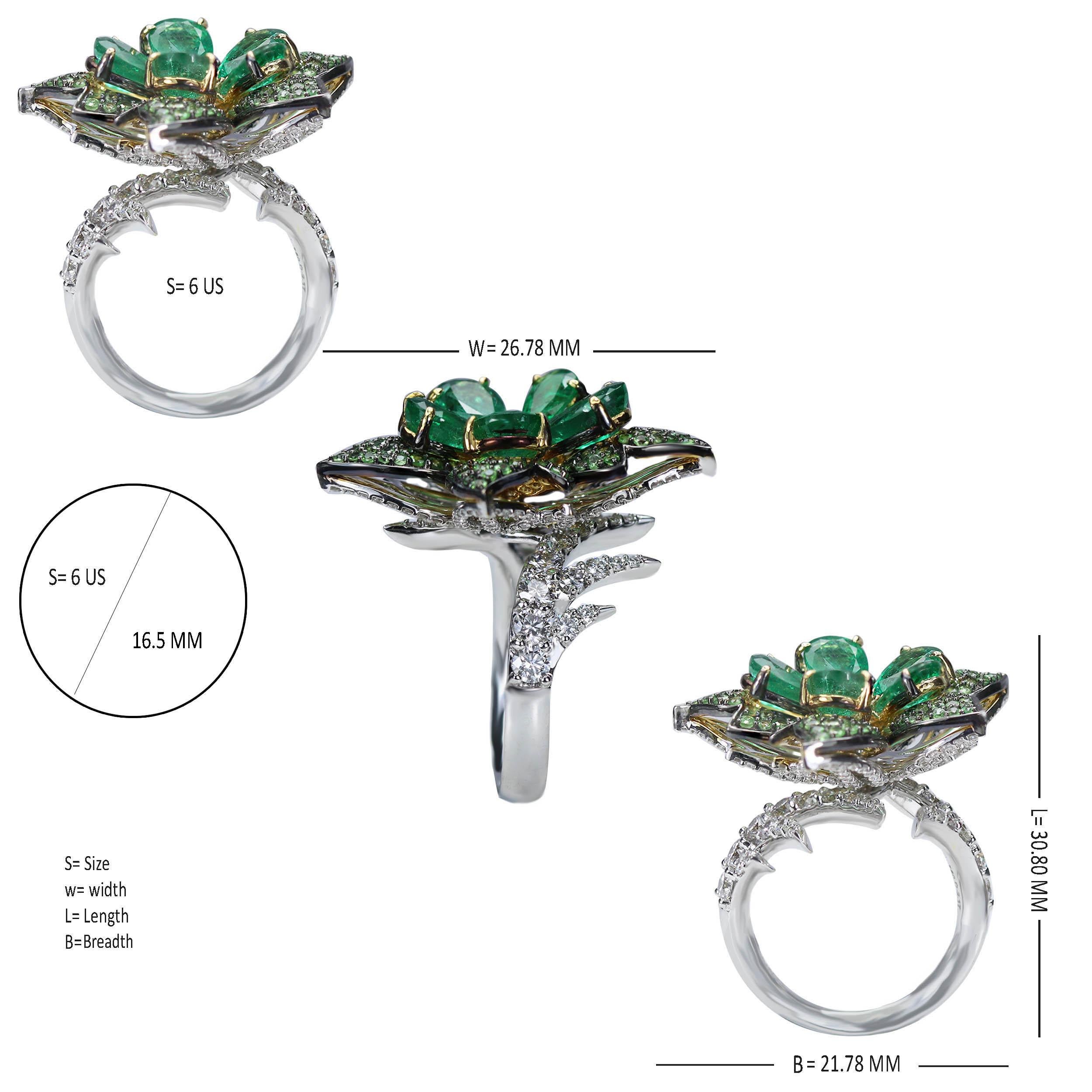 Studio Rêves Emeralds and Diamonds Floral Cocktail Ring in 18 Karat Gold For Sale 2