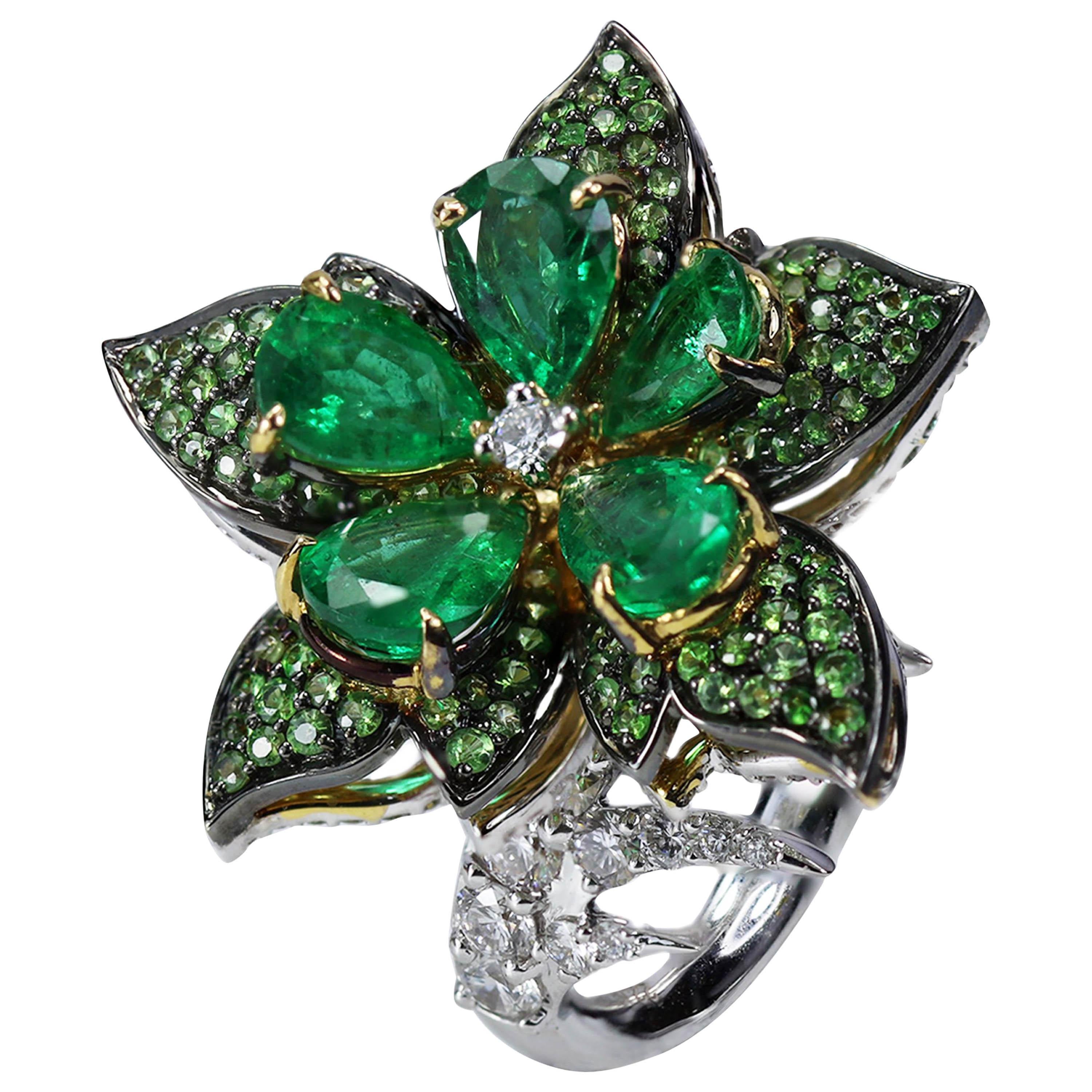 Studio Rêves Emeralds and Diamonds Floral Cocktail Ring in 18 Karat Gold For Sale