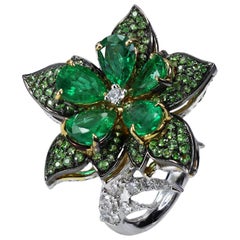 Studio Rêves Emeralds and Diamonds Floral Cocktail Ring in 18 Karat Gold