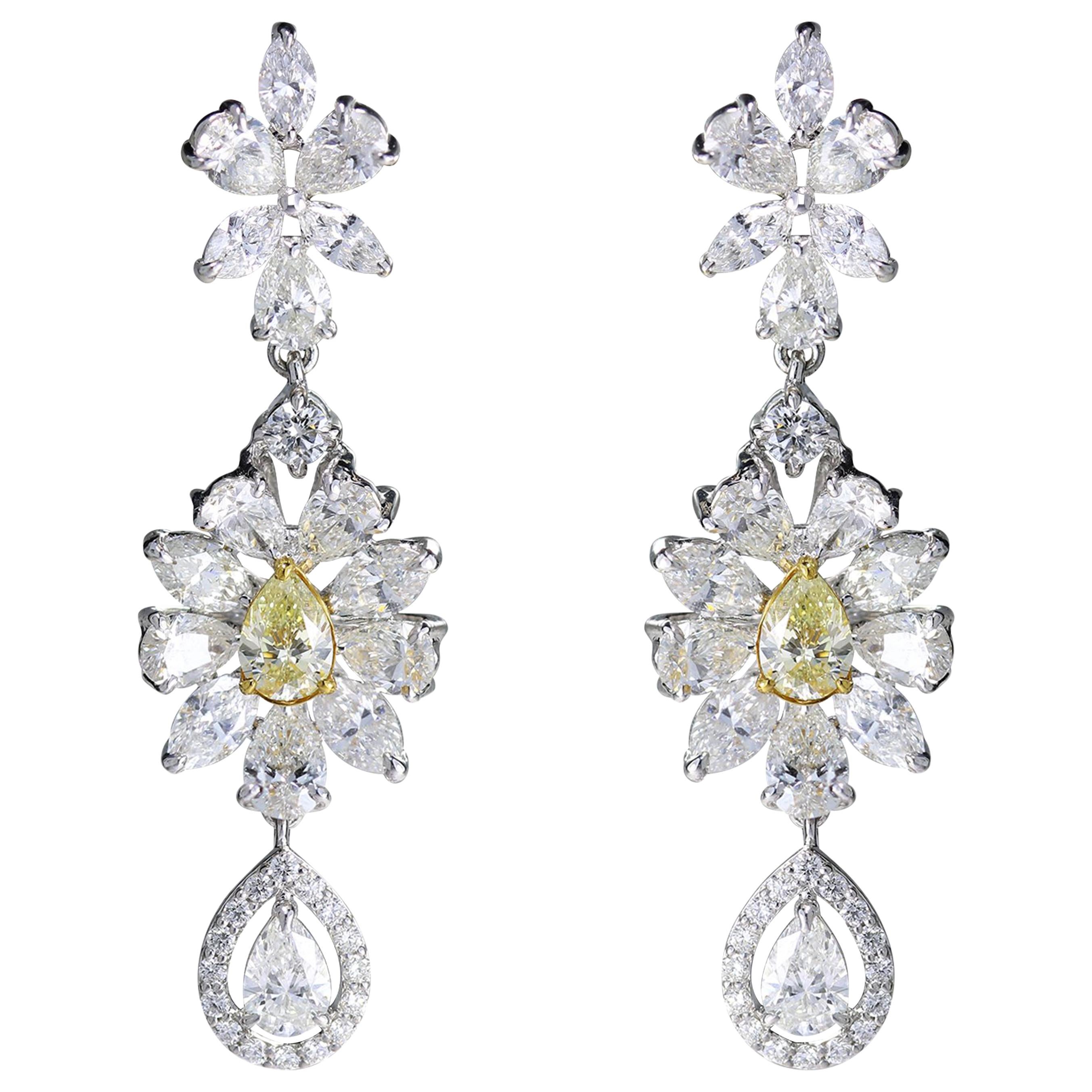 Studio Rêves Marquise and Pear Diamond Dangling Earrings in 18 Karat Gold For Sale
