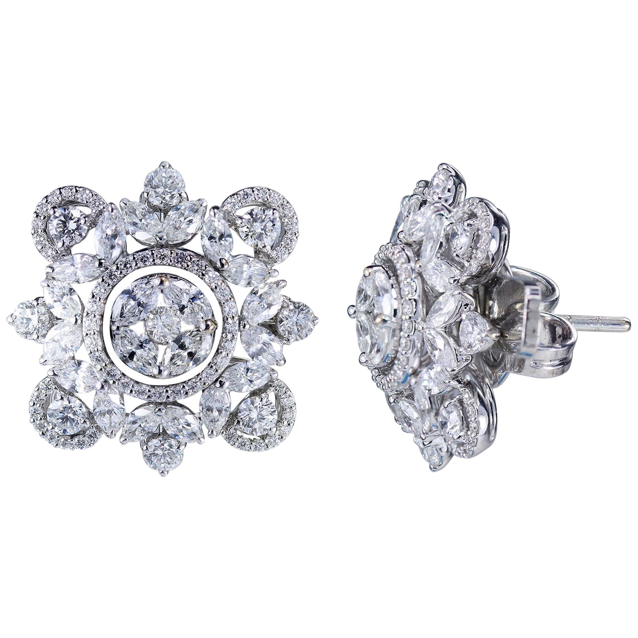 Studio Rêves Marquise and Round Diamonds Stud Earrings in 18 Karat Gold For Sale
