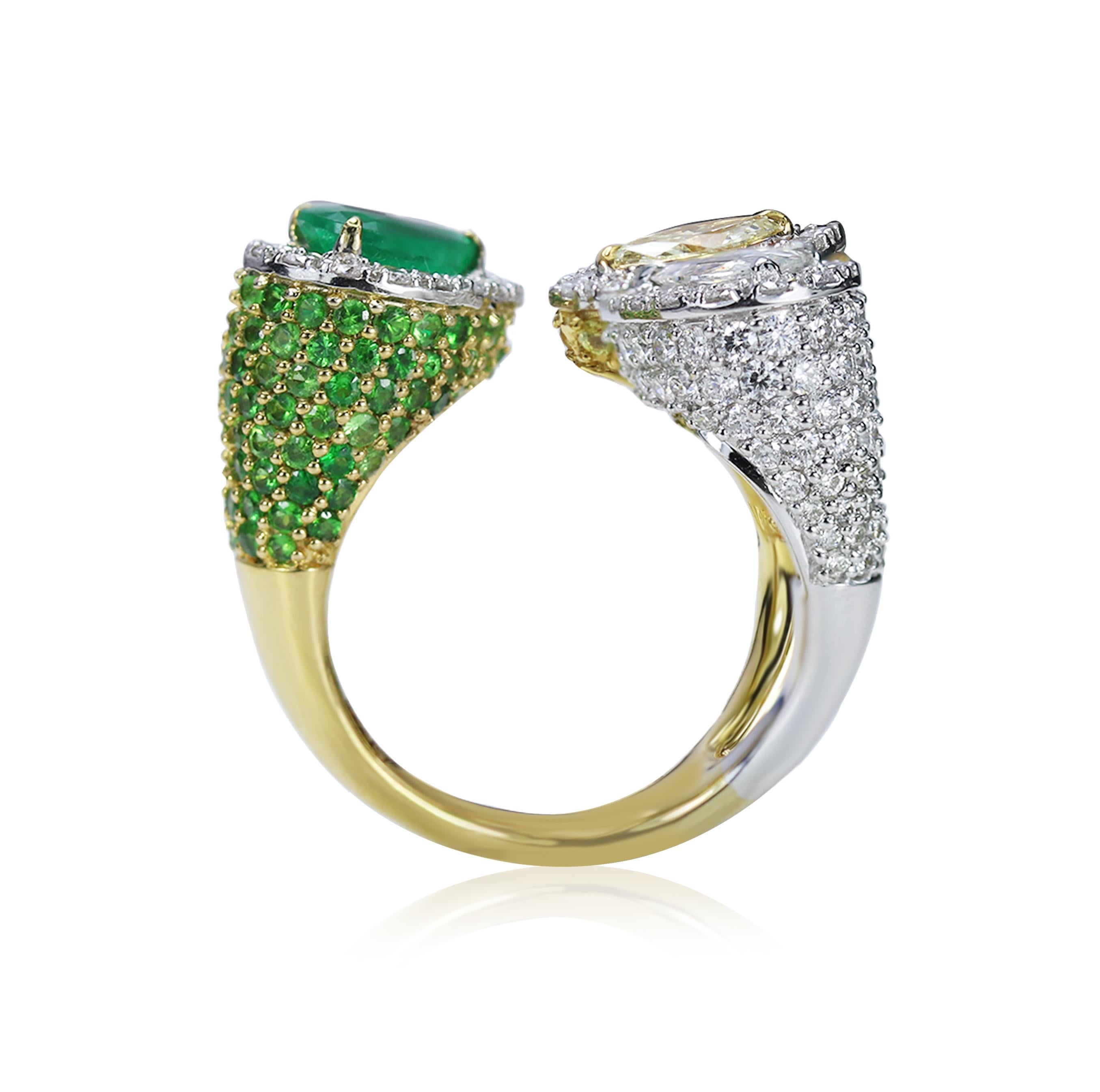 F-G/ SI diamonds, emeralds, tsavorites and yellow sapphire ring 

The canvas of lush foliage-inspired hues, and the use of scintillating F-G/ SI diamonds, emeralds, tsavorites and yellow sapphires give this ring its captivating quality. Continuing