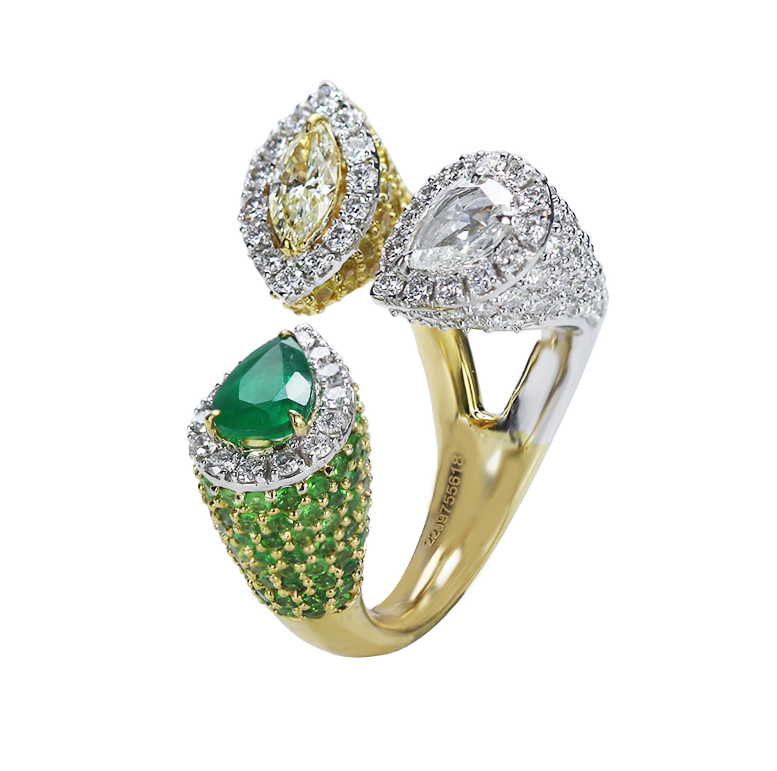 Studio Rêves Pear Emerald and Diamond Cocktail Ring in 18 Karat Gold For Sale