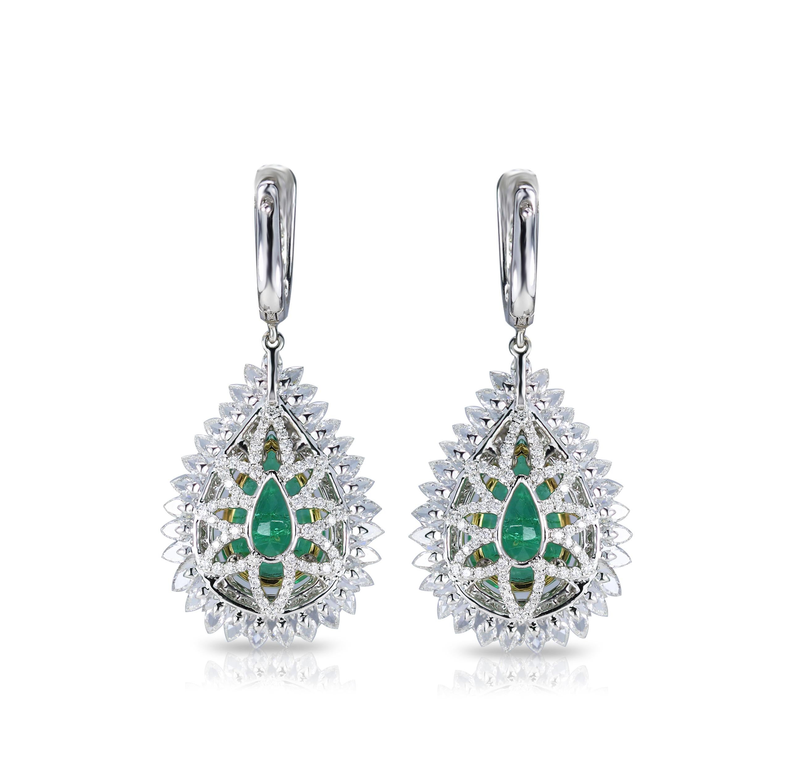 Pear Cut Studio Rêves Pear Emeralds and Diamond Drop Earrings in 18 Karat Gold