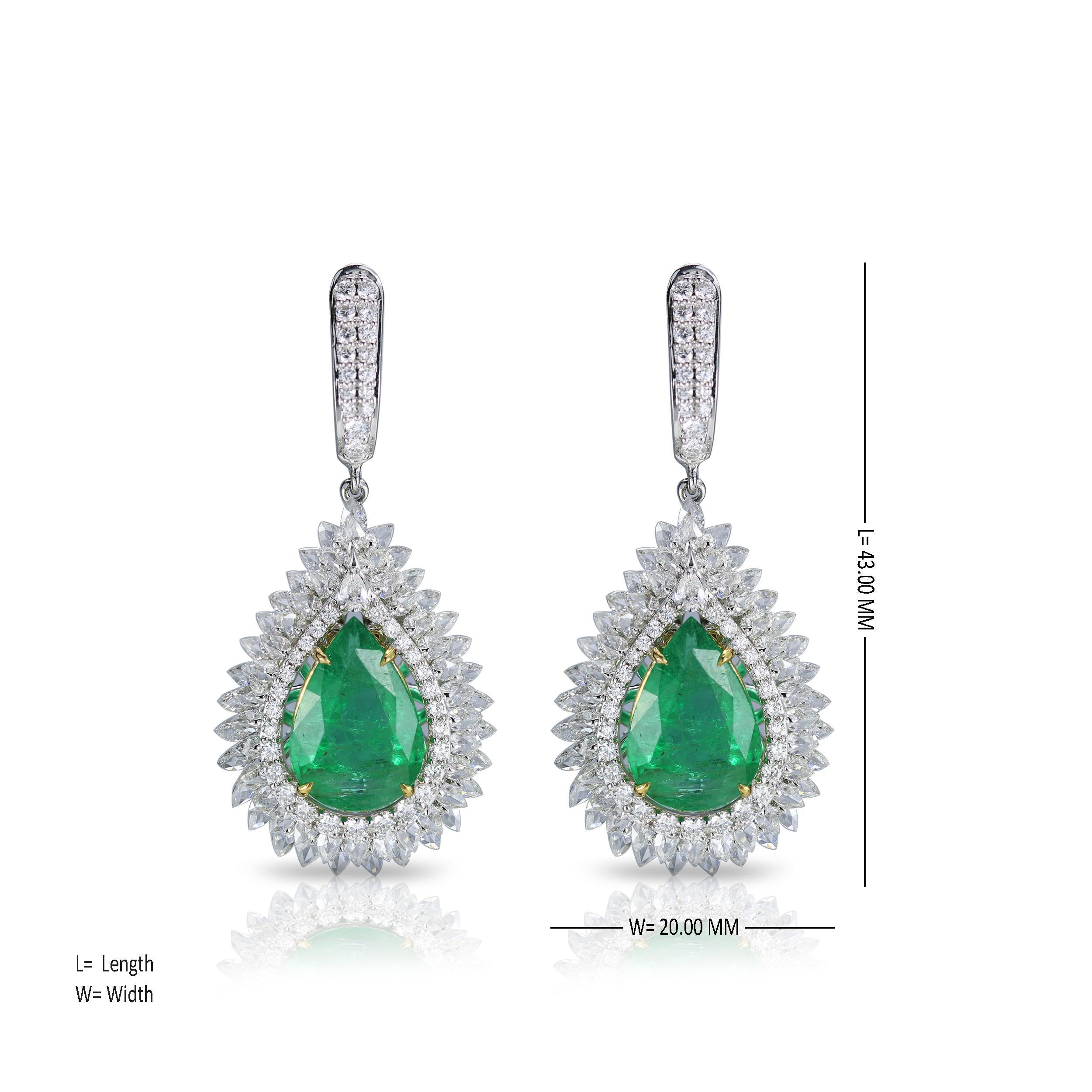 Studio Rêves Pear Emeralds and Diamond Drop Earrings in 18 Karat Gold In New Condition In Mumbai, Maharashtra
