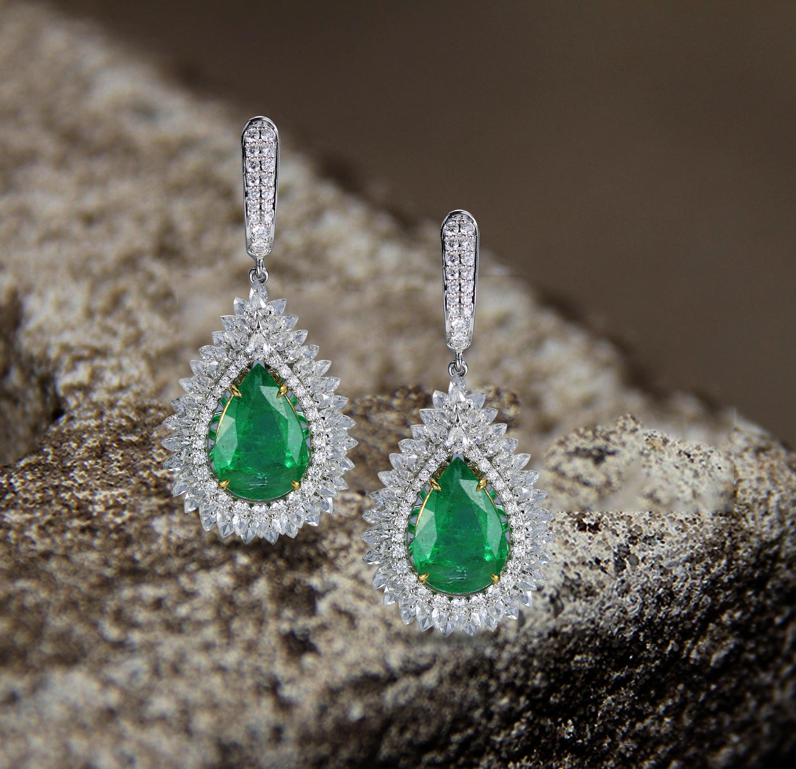Women's Studio Rêves Pear Emeralds and Diamond Drop Earrings in 18 Karat Gold