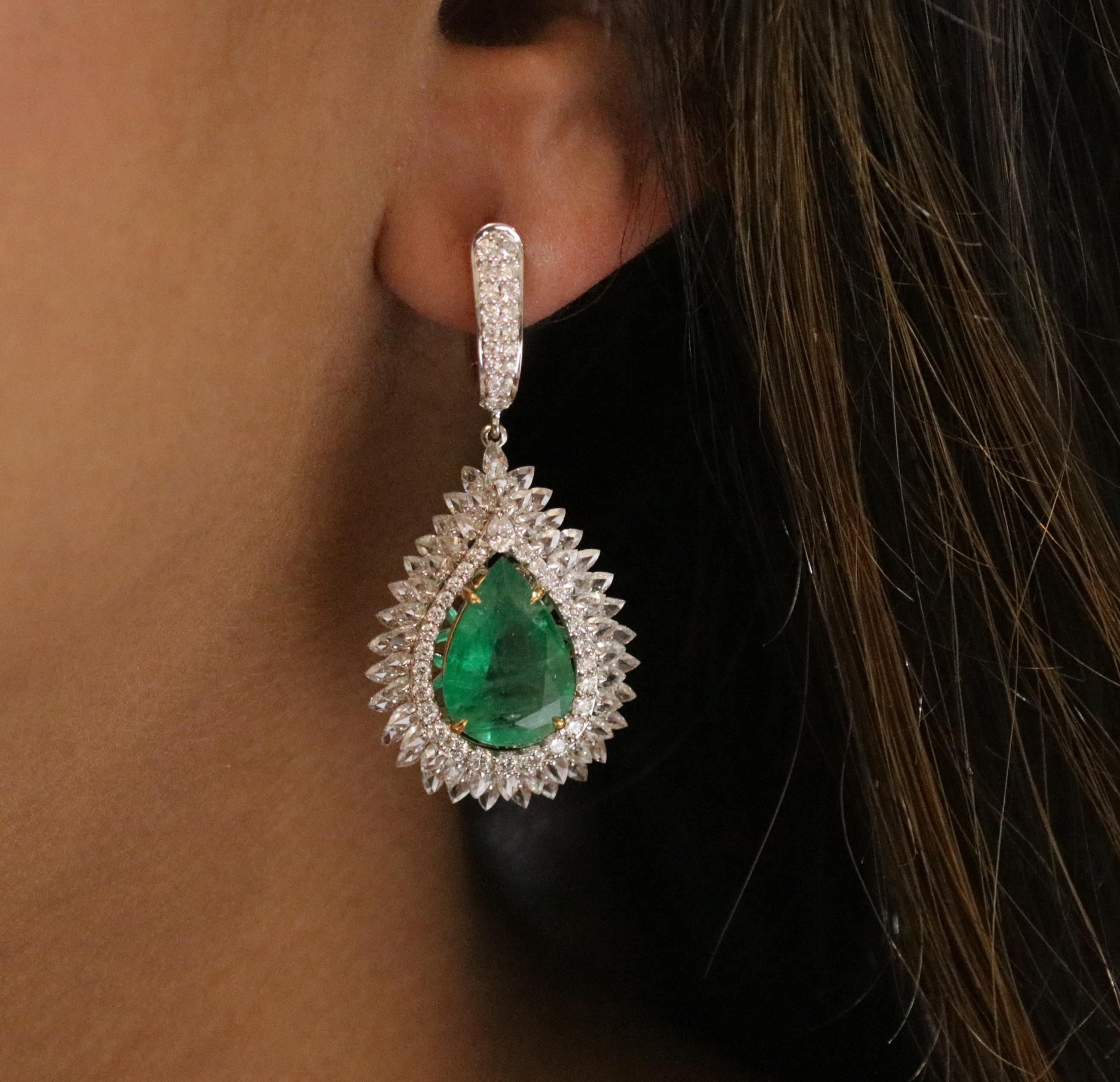 Studio Rêves Pear Emeralds and Diamond Drop Earrings in 18 Karat Gold 1
