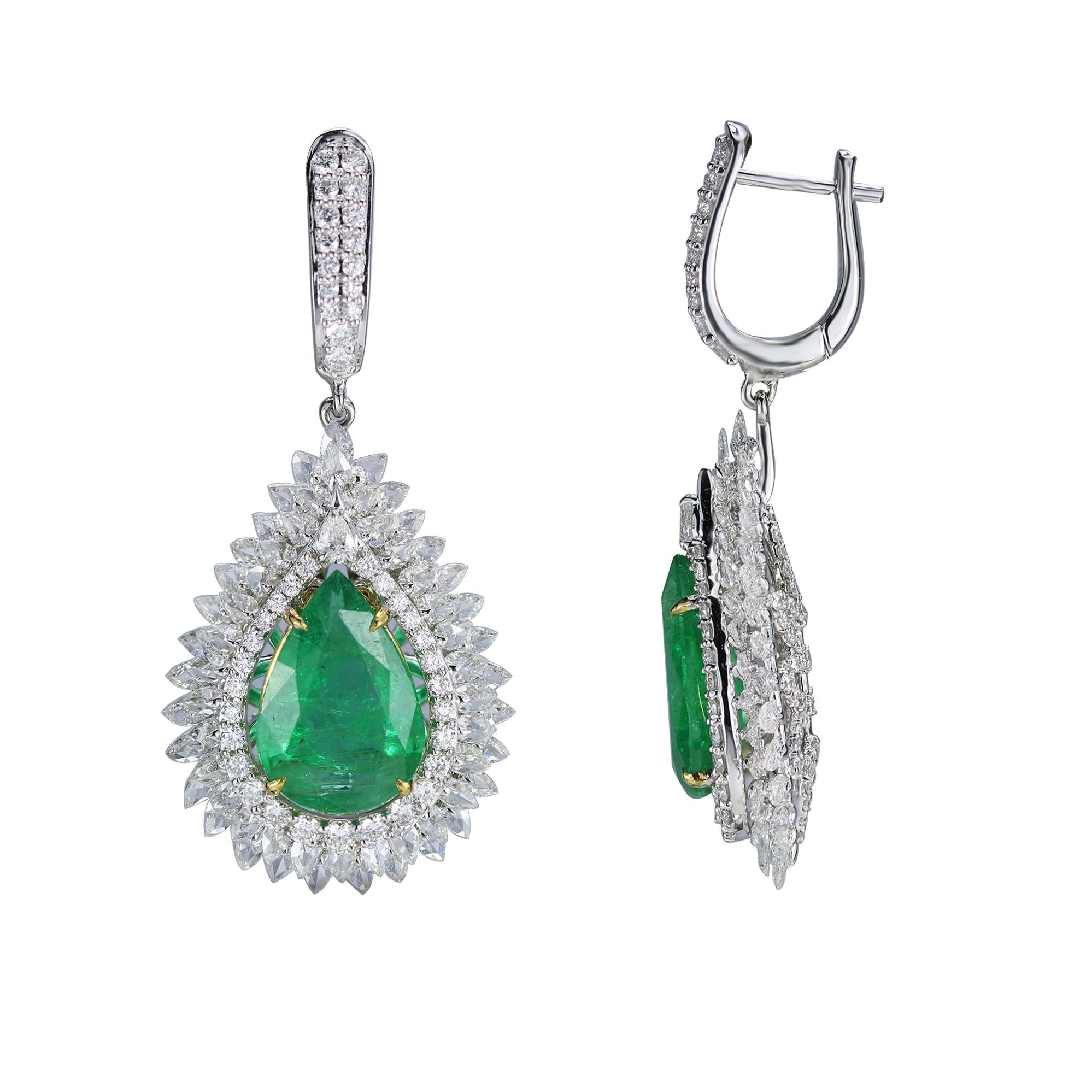 Studio Rêves Pear Emeralds and Diamond Drop Earrings in 18 Karat Gold