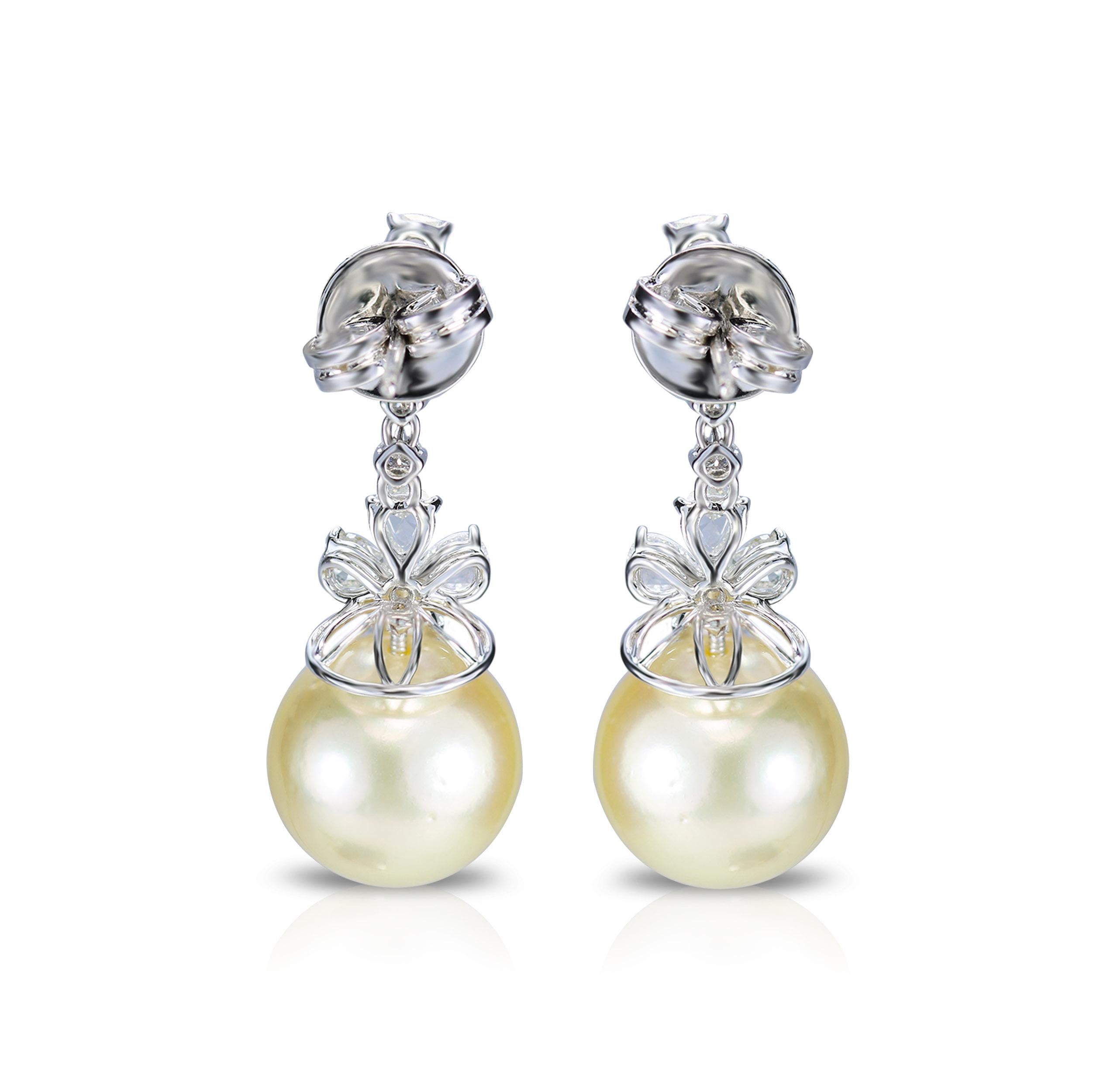Pear Cut Studio Rêves Pear Rose Cut Diamonds and South Sea Pearl Earrings in 18K Gold For Sale