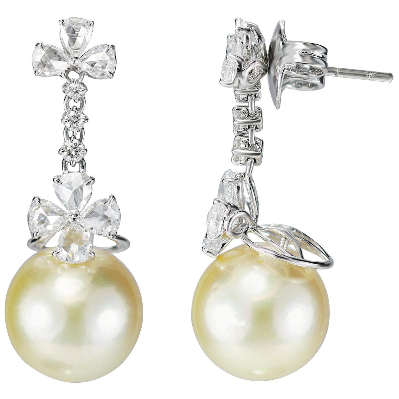 Studio Rêves Pear Rose Cut Diamonds and South Sea Pearl Earrings in 18K Gold For Sale