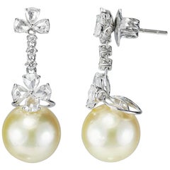 Studio Rêves Pear Rose Cut Diamonds and South Sea Pearl Earrings in 18K Gold