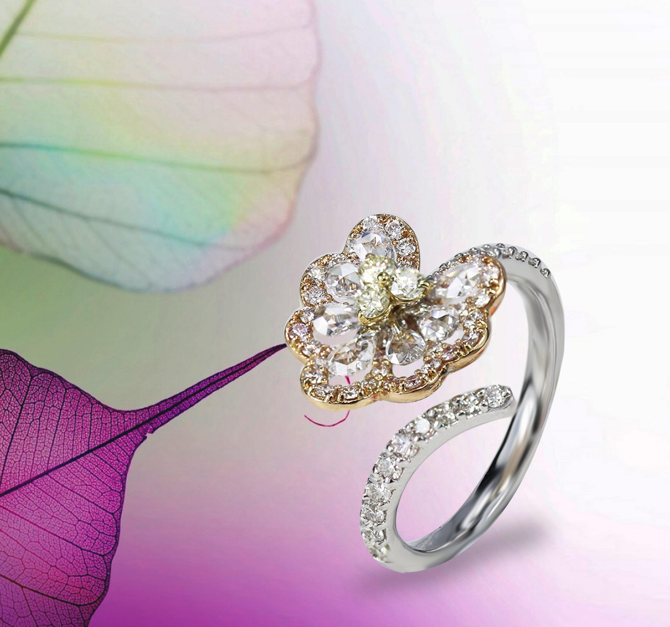 Studio Rêves Pear Rose Cut Diamonds Lotus Leaf Cocktail Ring in 18 Karat Gold im Angebot 2