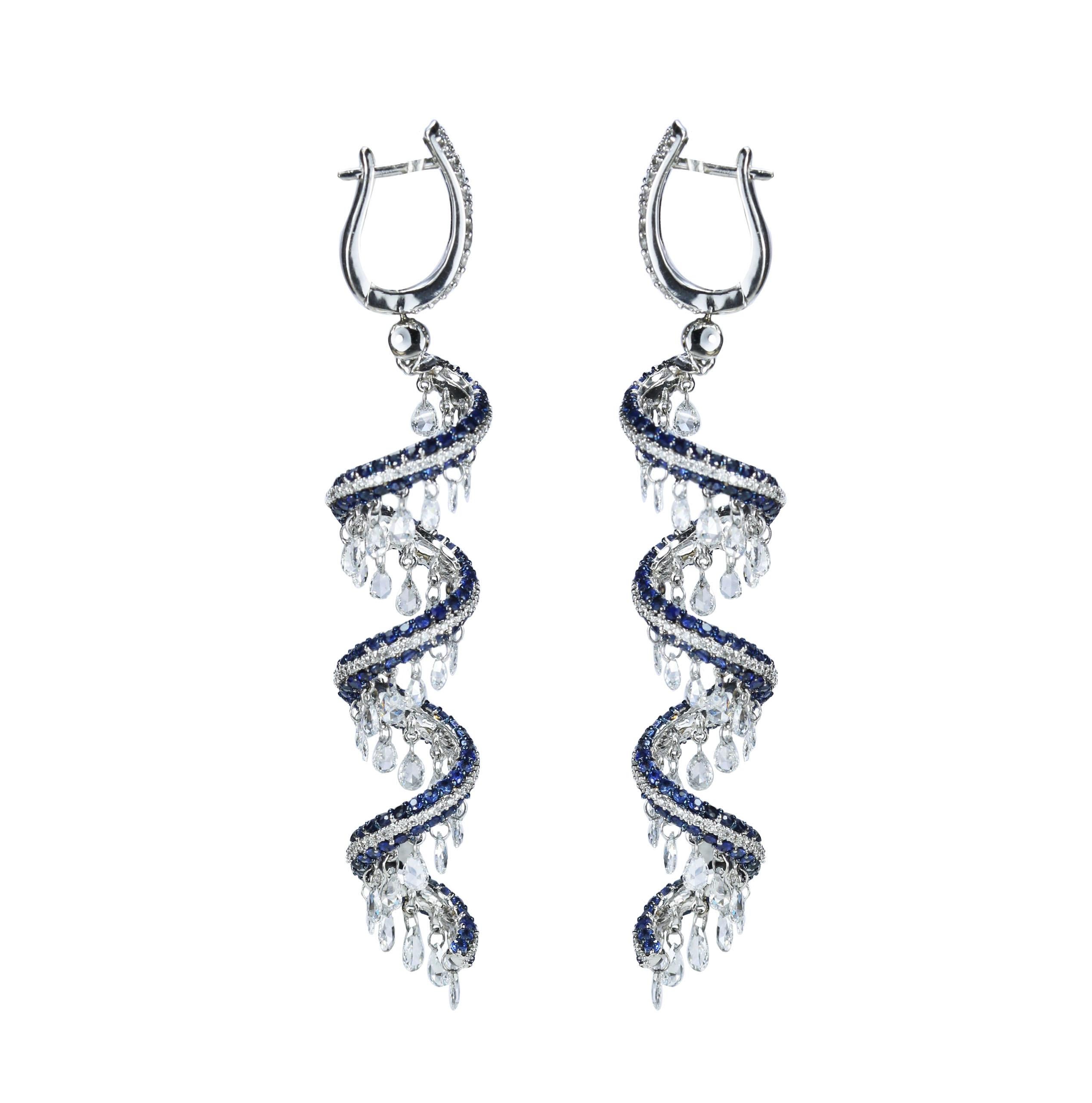Modern Studio Rêves Rose Cut and Blue Sapphire Spiral Dangling Earrings in 18K Gold For Sale