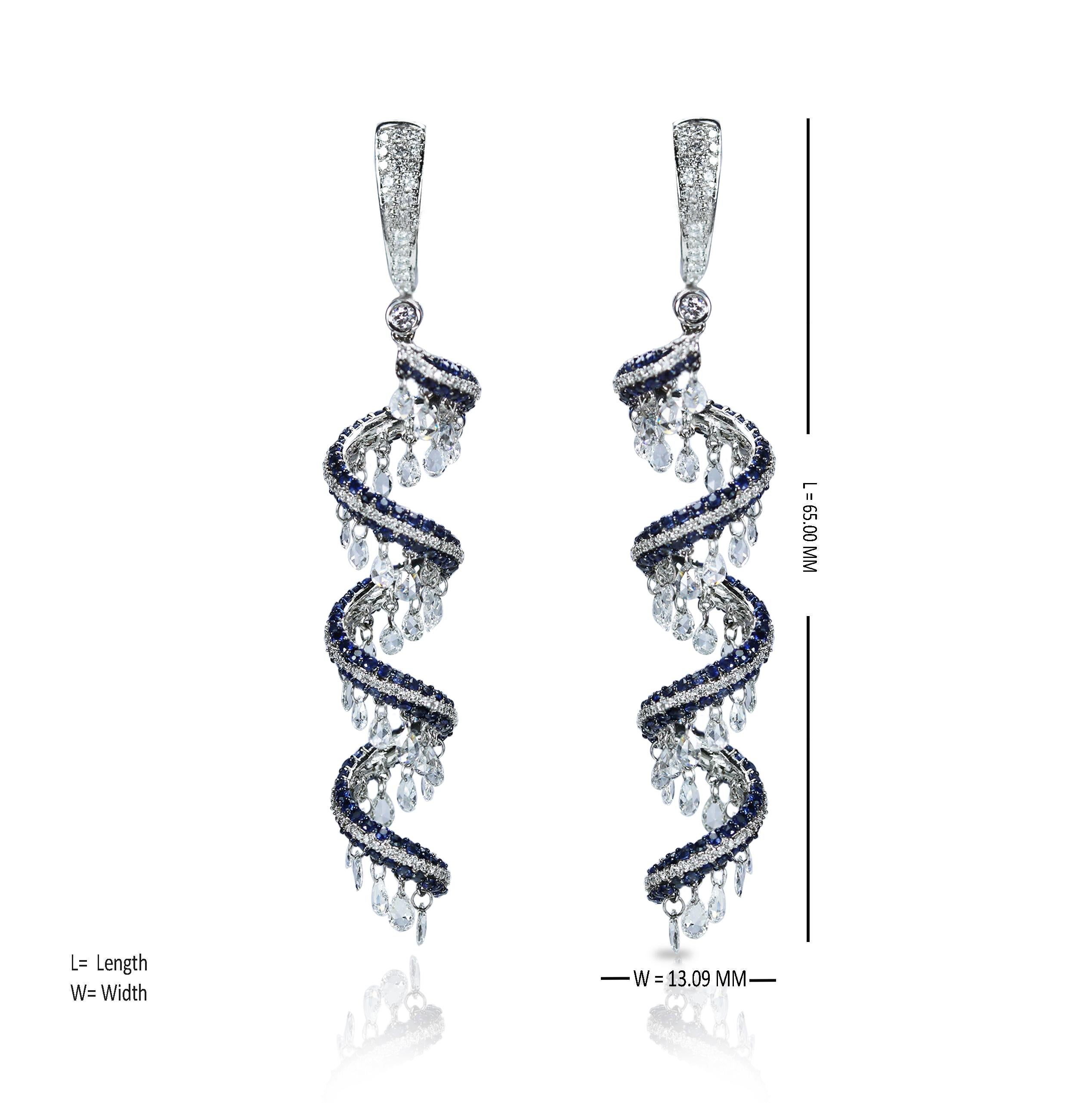 Studio Rêves Rose Cut and Blue Sapphire Spiral Dangling Earrings in 18K Gold In New Condition For Sale In Mumbai, Maharashtra