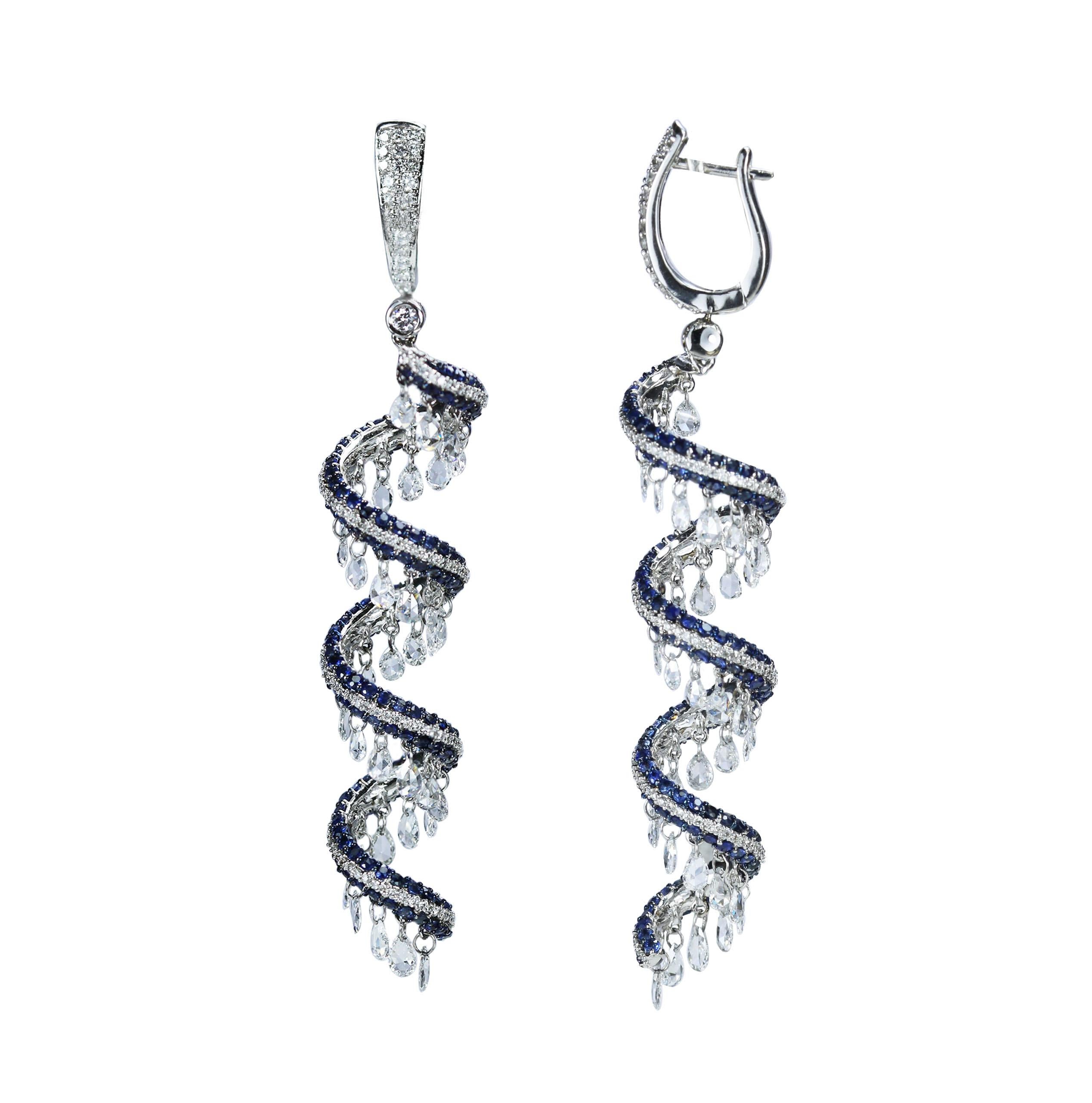 Studio Rêves Rose Cut and Blue Sapphire Spiral Dangling Earrings in 18K Gold For Sale