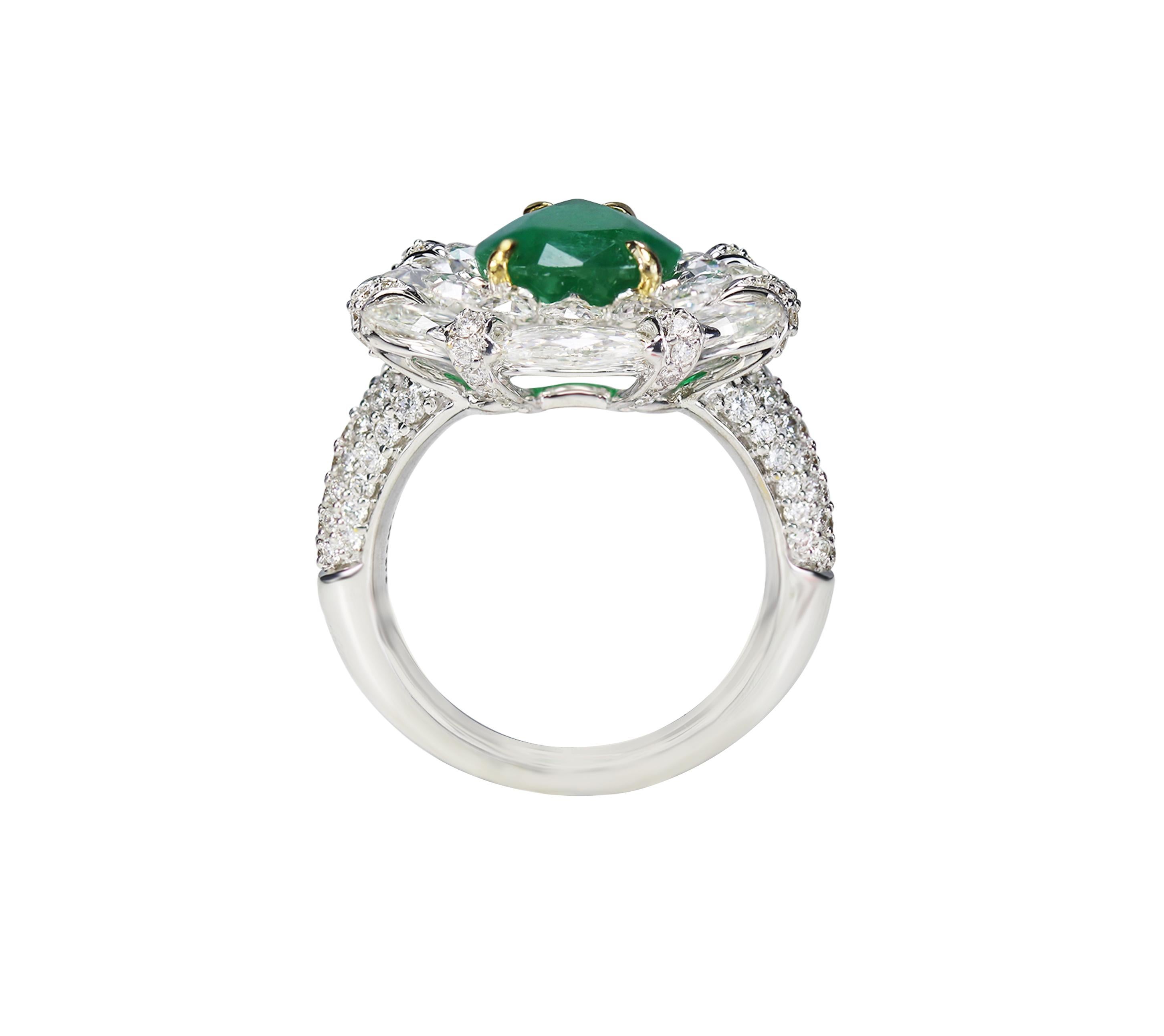 Victorian Studio Rêves 3.59 Carat Emerald with Rose cut Diamonds Ring in 18 Karat Gold