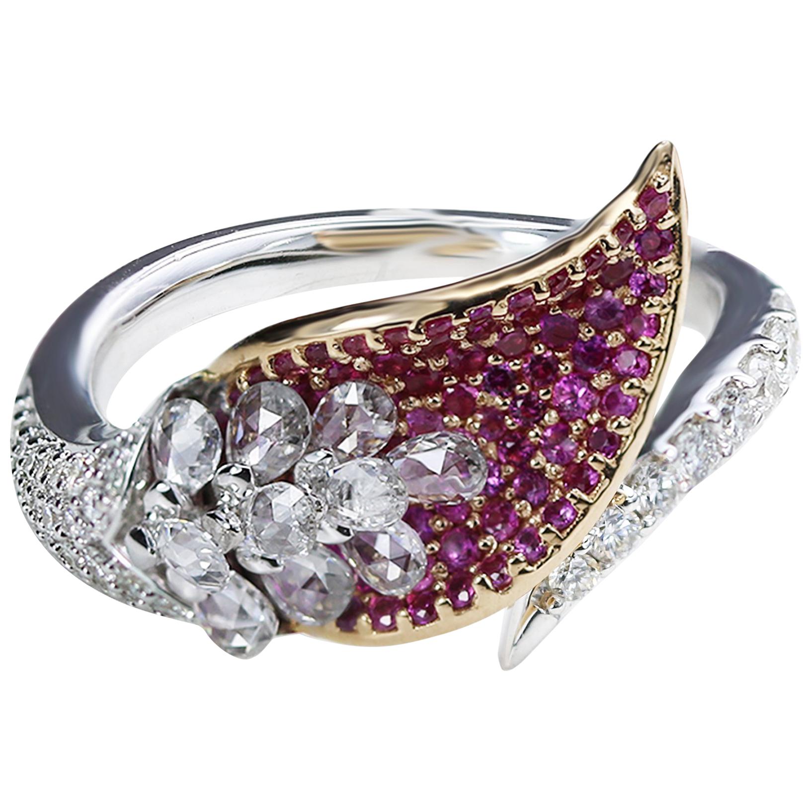 Studio Rêves Rose Cut Diamonds and Pink Sapphire Ring in 18 Karat Gold For Sale