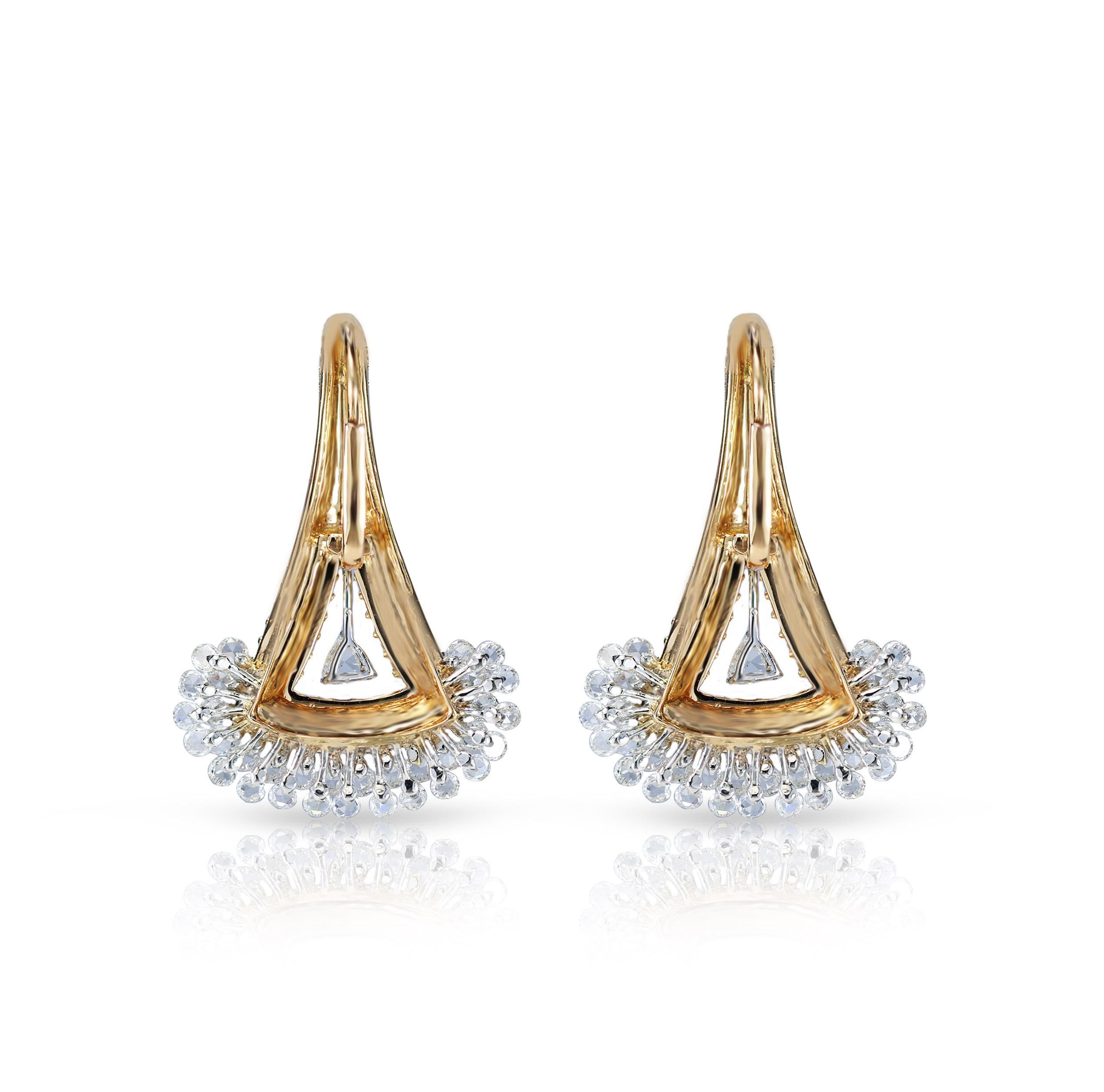 Studio Rêves Rose Cut Diamonds Triangular Lever Back Earrings in 18 Karat Gold In New Condition For Sale In Mumbai, Maharashtra