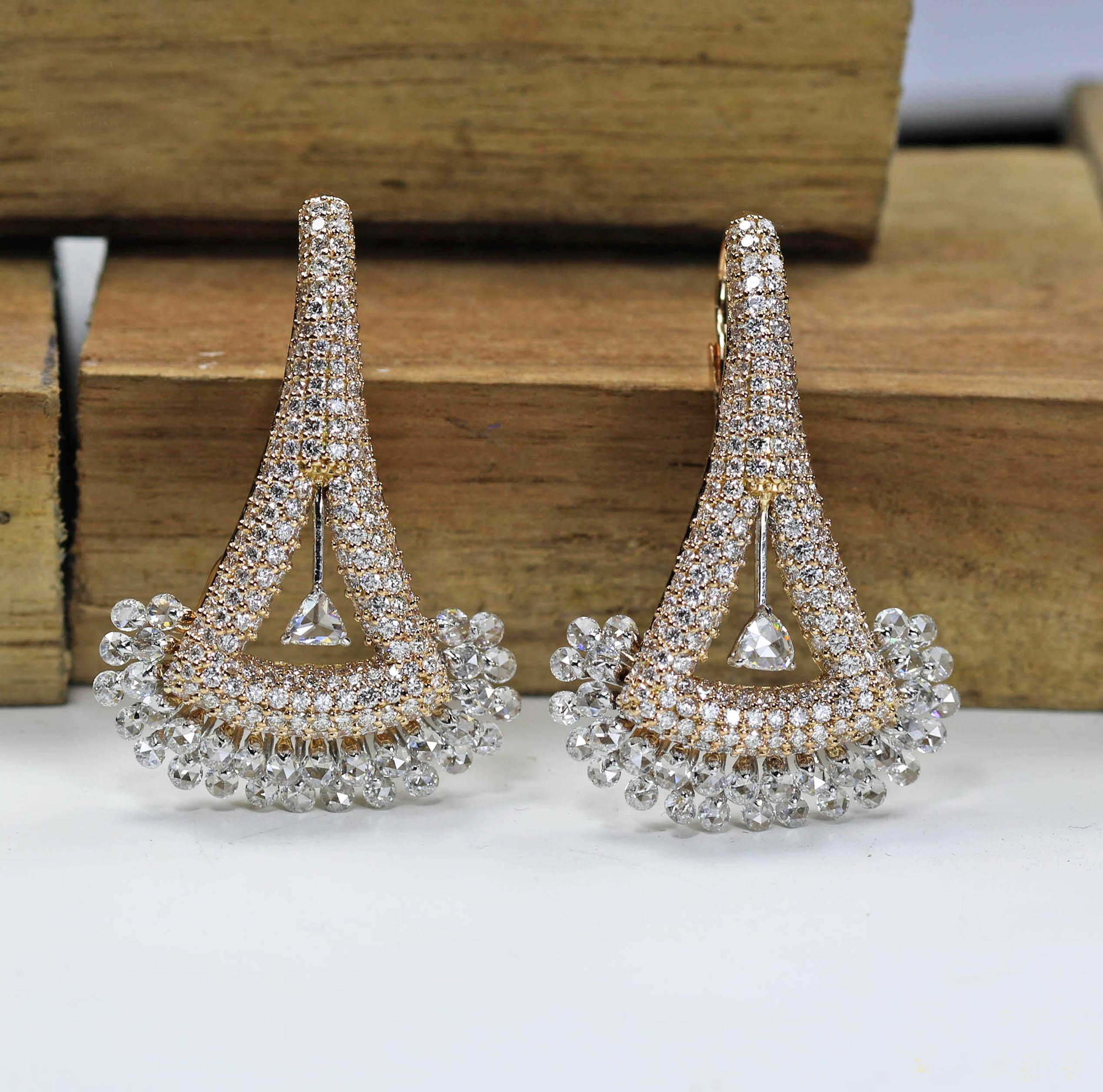 Studio Rêves Rose Cut Diamonds Triangular Lever Back Earrings in 18 Karat Gold For Sale 1