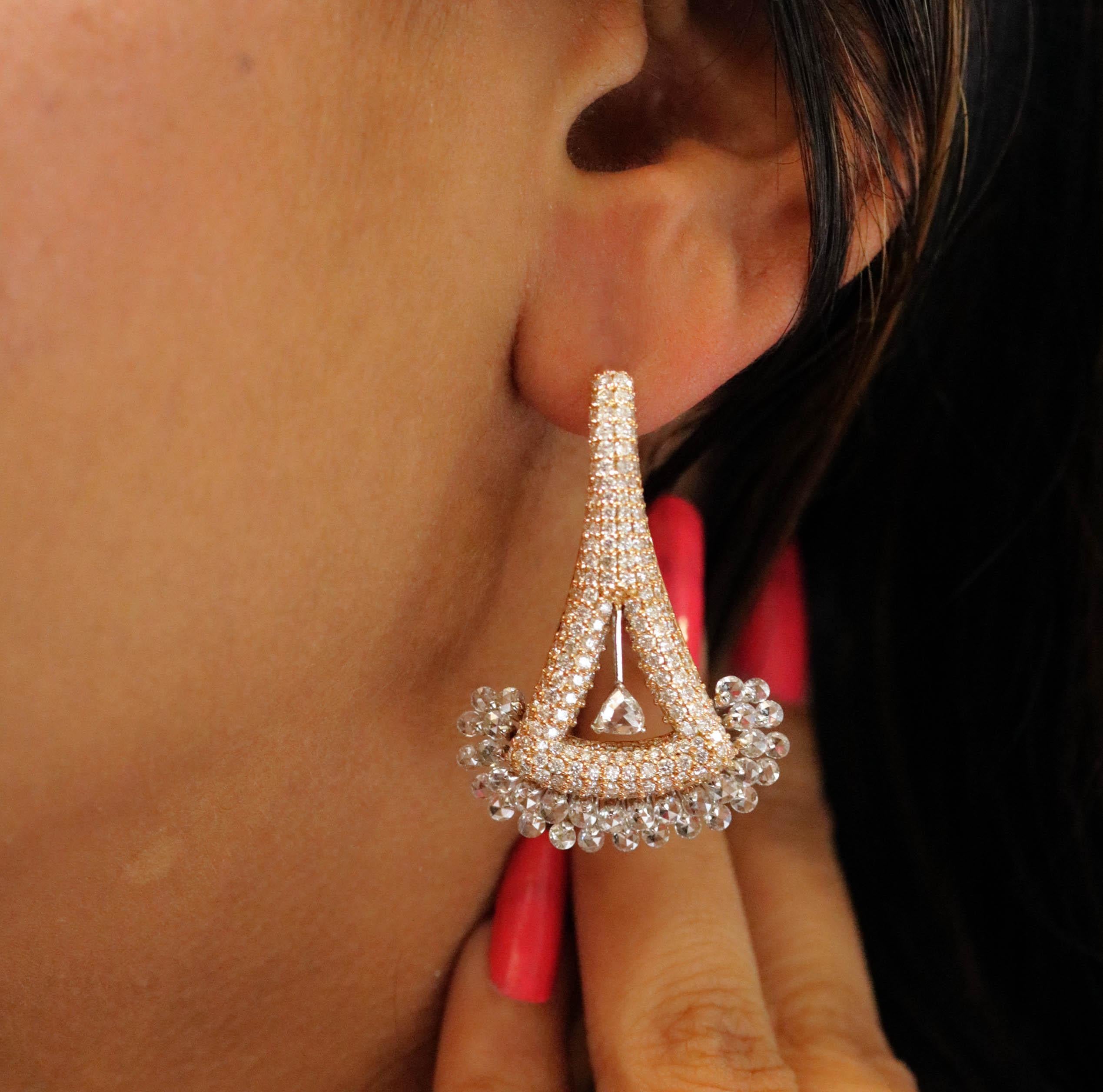 Studio Rêves Rose Cut Diamonds Triangular Lever Back Earrings in 18 Karat Gold For Sale 2