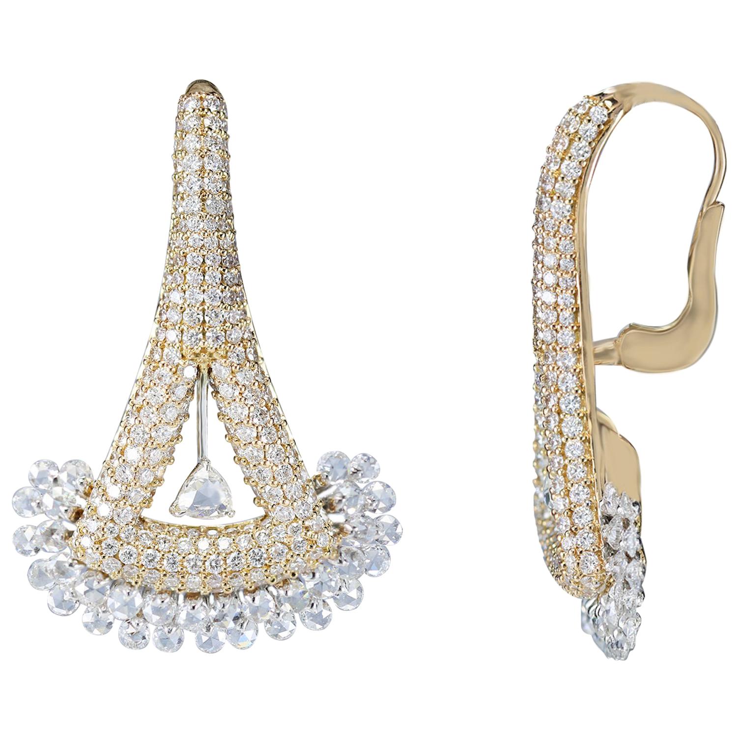 Studio Rêves Rose Cut Diamonds Triangular Lever Back Earrings in 18 Karat Gold For Sale