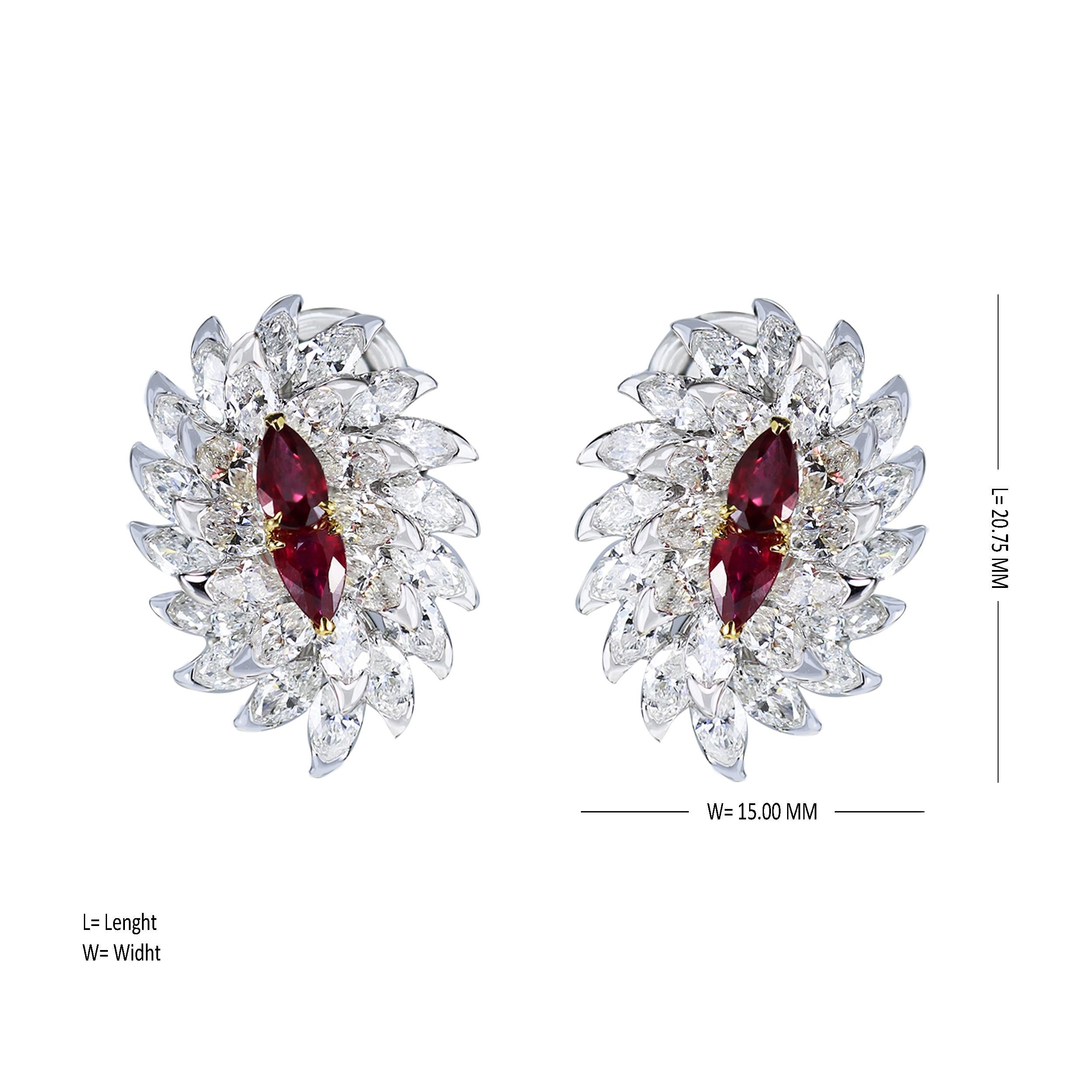 Marquise Cut Studio Rêves Ruby and Marquise Diamond Stud Earrings in 18 Karat Gold For Sale