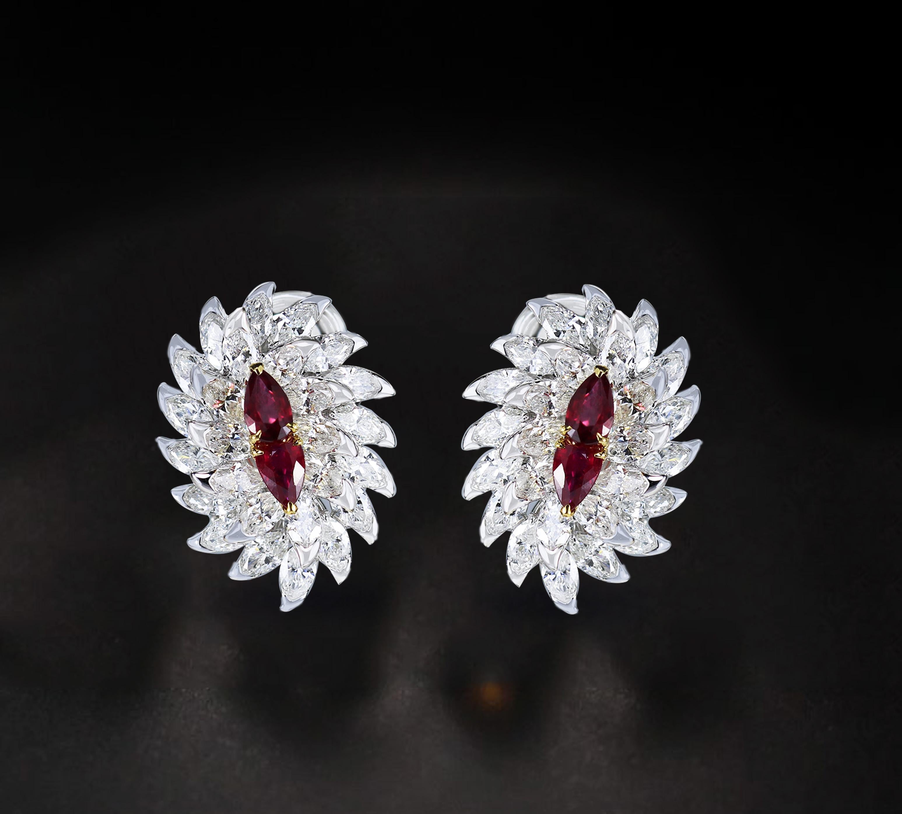 Women's Studio Rêves Ruby and Marquise Diamond Stud Earrings in 18 Karat Gold For Sale