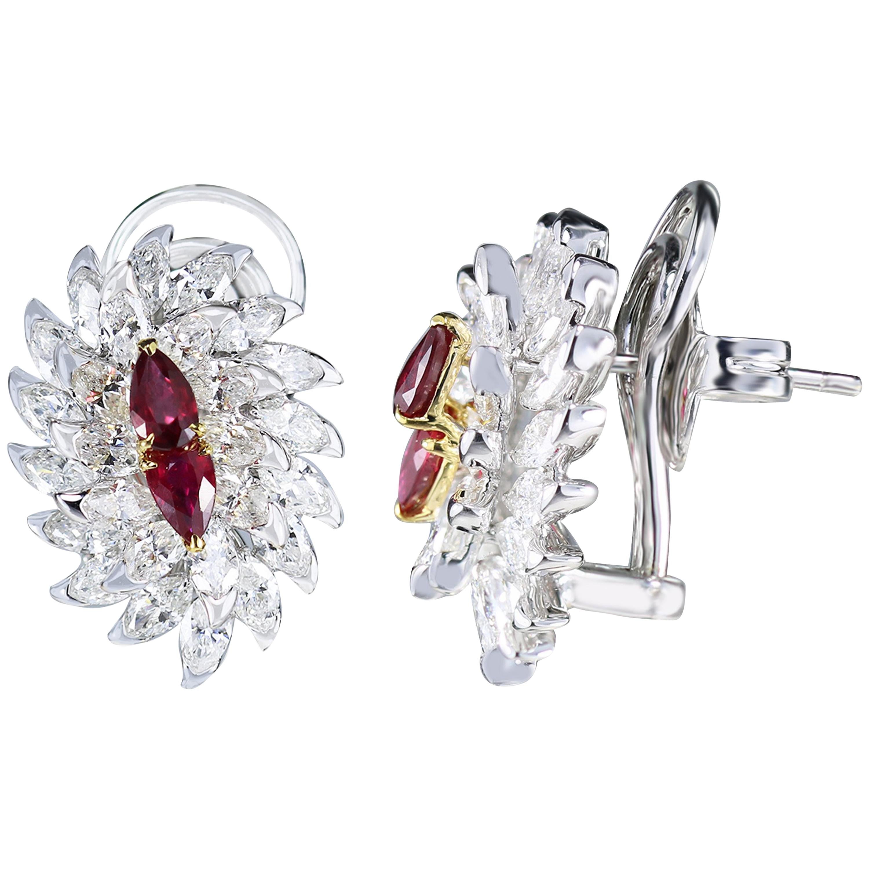Studio Rêves Ruby and Marquise Diamond Stud Earrings in 18 Karat Gold For Sale
