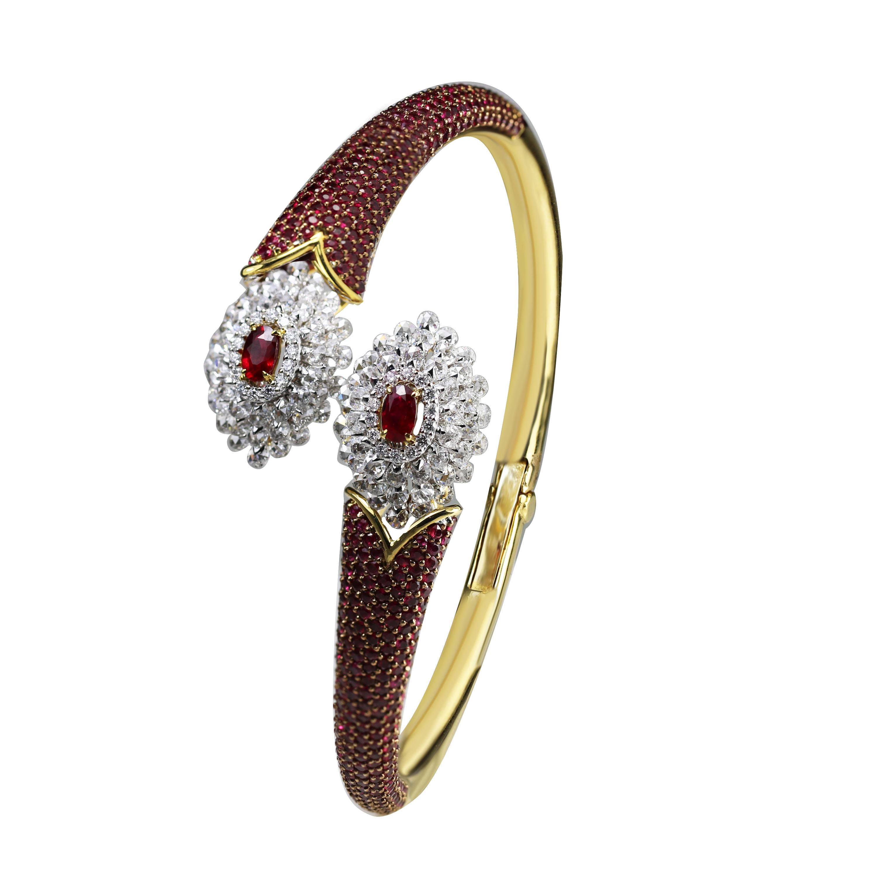 Ruby and diamond bracelet

The combination of 18K white and yellow gold along with rubies and diamonds is what gives this bracelet a slightly traditional feel, adding to its charm. Generously encrusted round rose cut and round brilliant cut diamonds