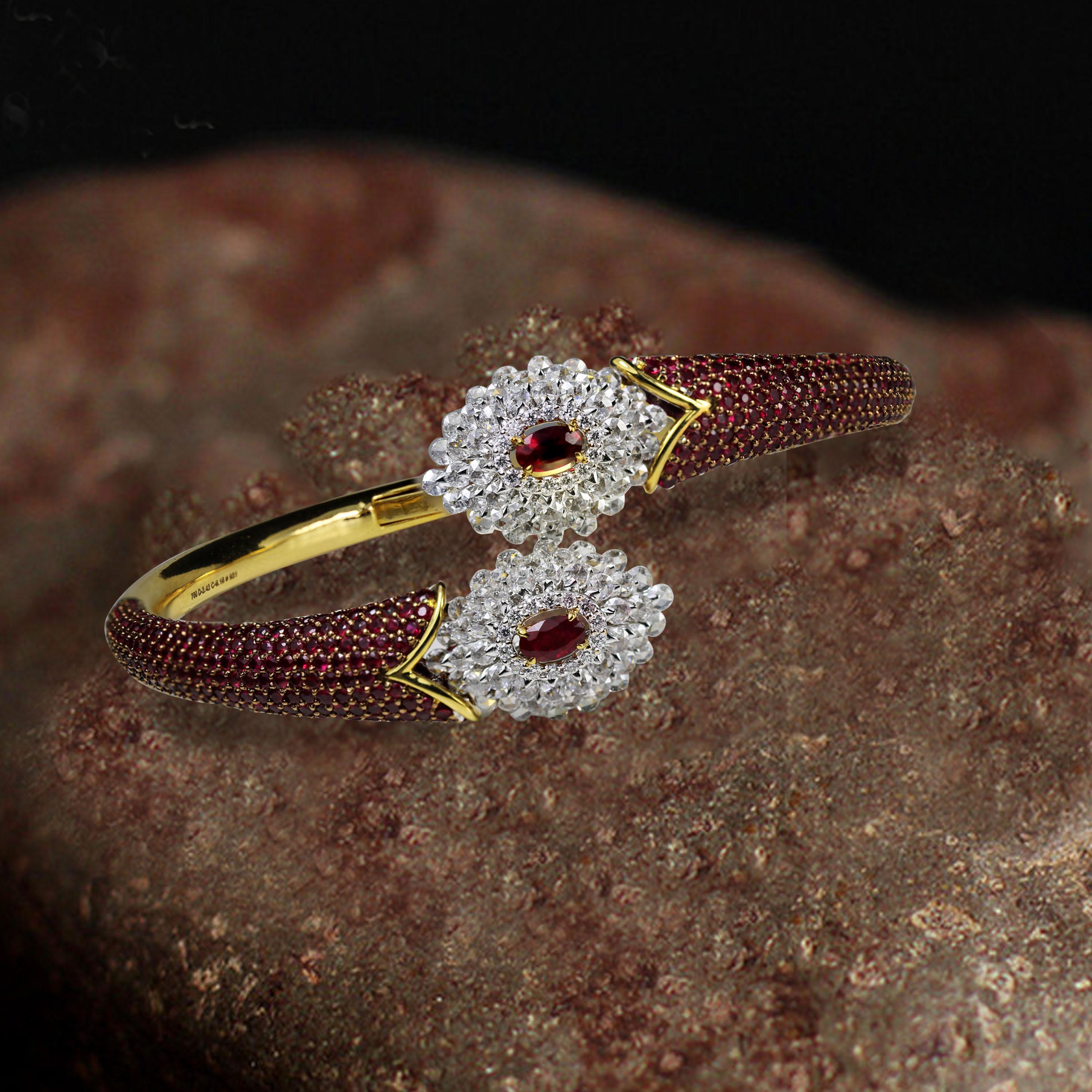Studio Rêves Ruby and Rose Cut Diamond Modern Bracelet in 18 Karat Gold  For Sale 3