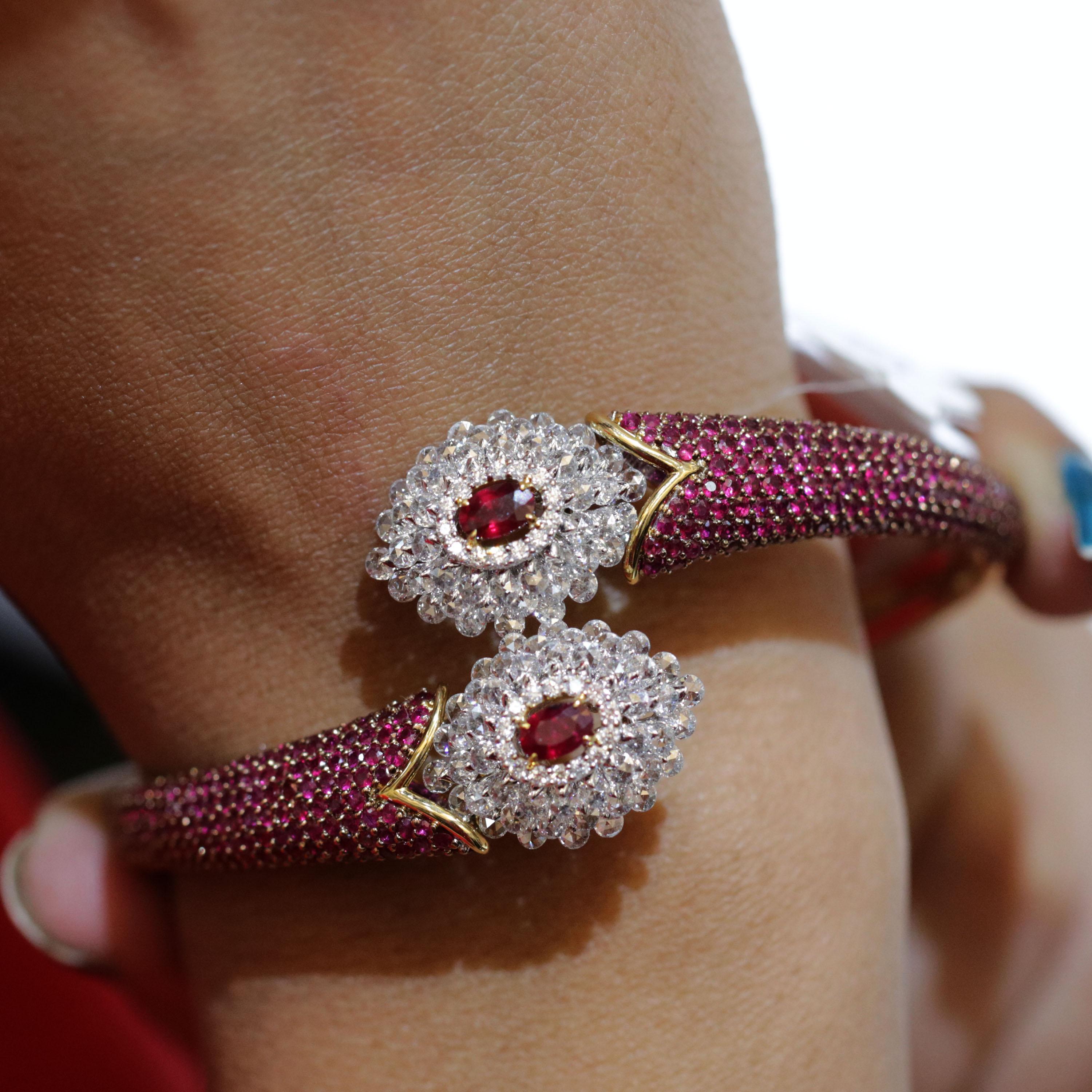 Studio Rêves Ruby and Rose Cut Diamond Modern Bracelet in 18 Karat Gold  For Sale 4