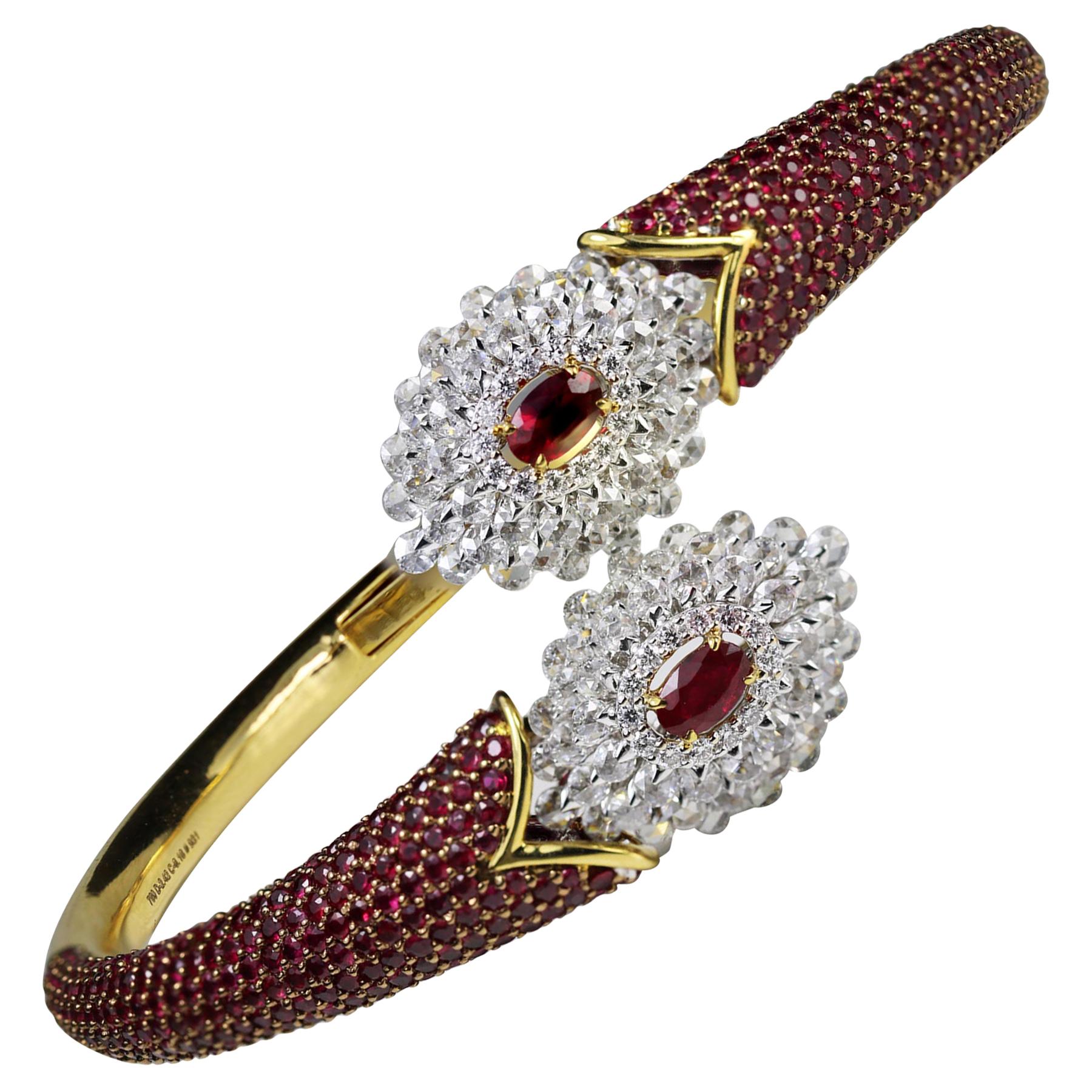 Studio Rêves Ruby and Rose Cut Diamond Modern Bracelet in 18 Karat Gold  For Sale