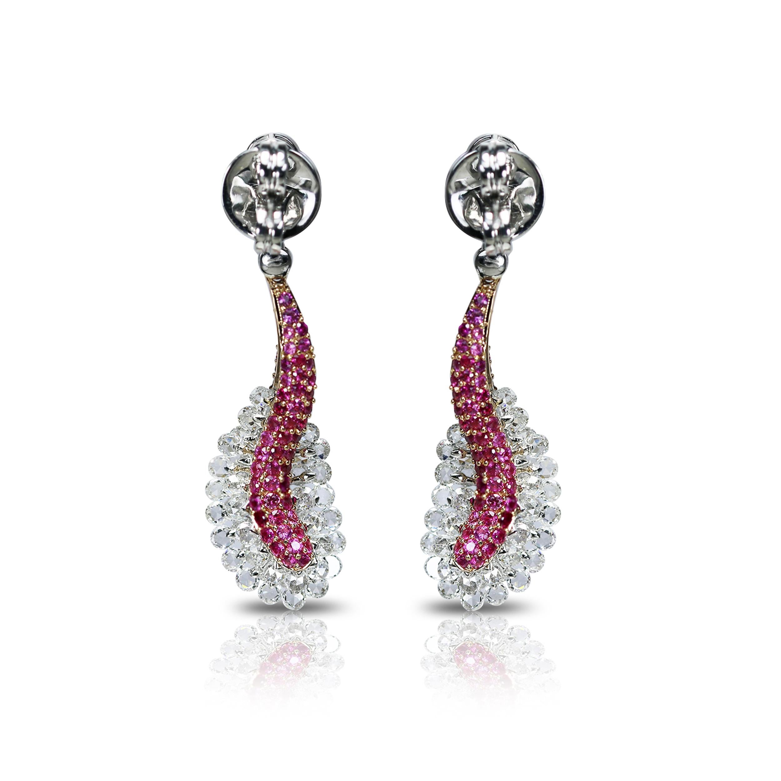 Modern Studio Rêves 18 Karat Rose Cut Diamond and Pink Sapphire Wave Earrings For Sale