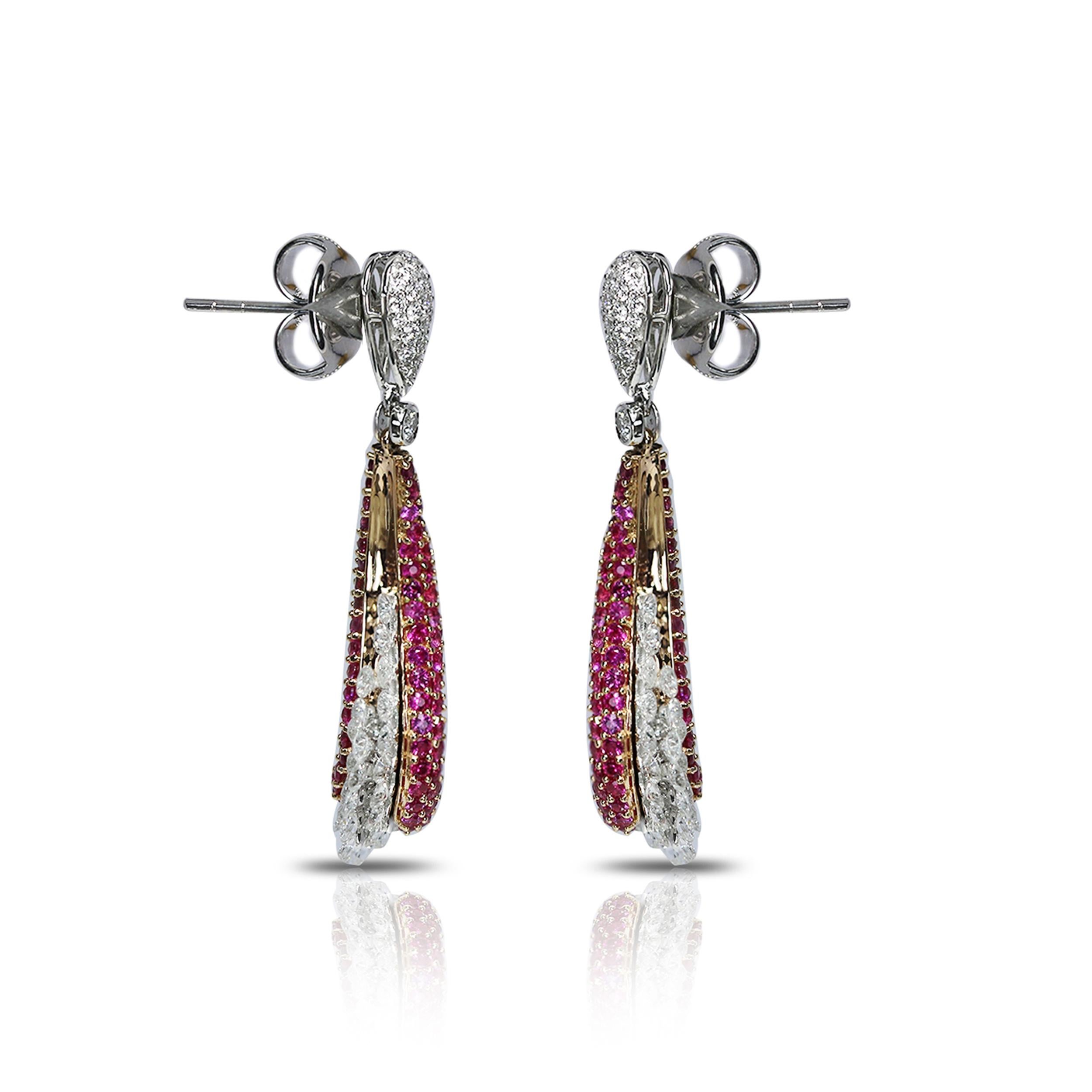 Studio Rêves 18 Karat Rose Cut Diamond and Pink Sapphire Wave Earrings In New Condition For Sale In Mumbai, Maharashtra