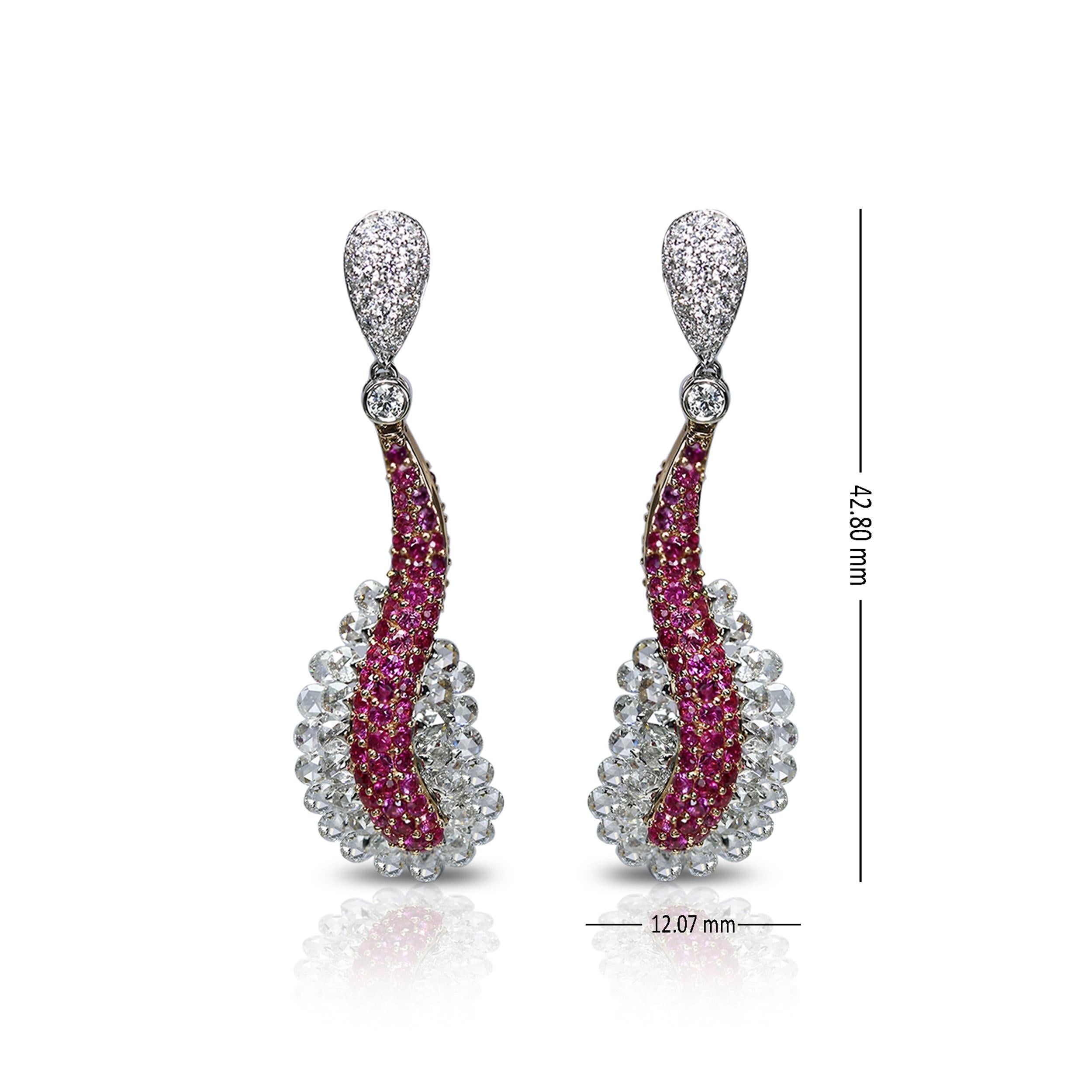 Women's Studio Rêves 18 Karat Rose Cut Diamond and Pink Sapphire Wave Earrings For Sale