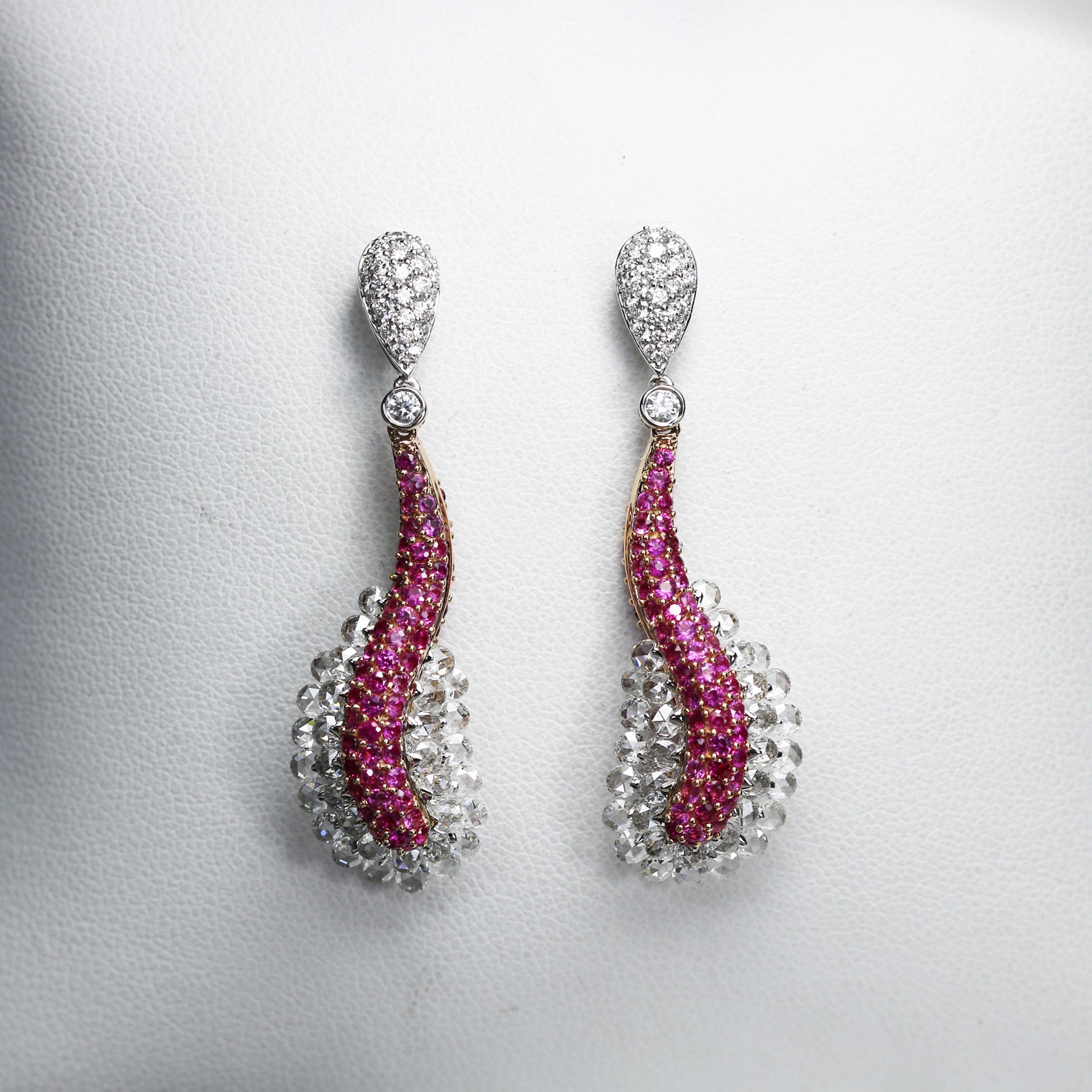 Studio Rêves 18 Karat Rose Cut Diamond and Pink Sapphire Wave Earrings For Sale 1
