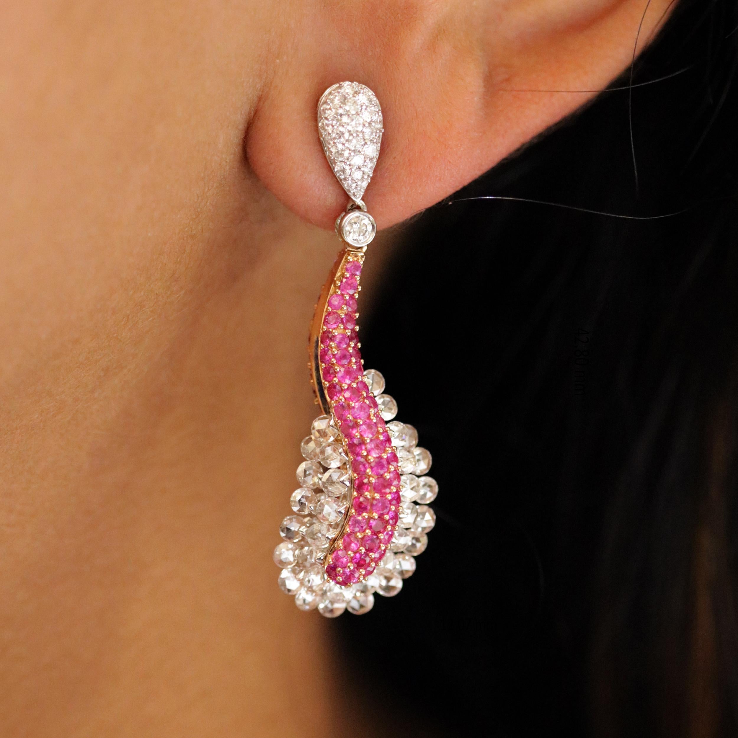 Studio Rêves 18 Karat Rose Cut Diamond and Pink Sapphire Wave Earrings For Sale 2