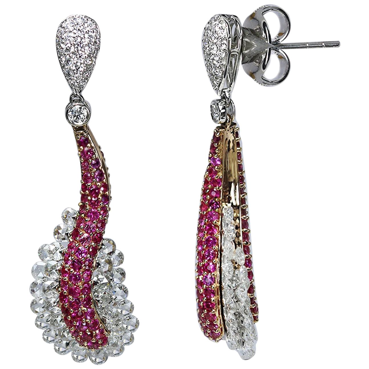 Studio Rêves 18 Karat Rose Cut Diamond and Pink Sapphire Wave Earrings For Sale
