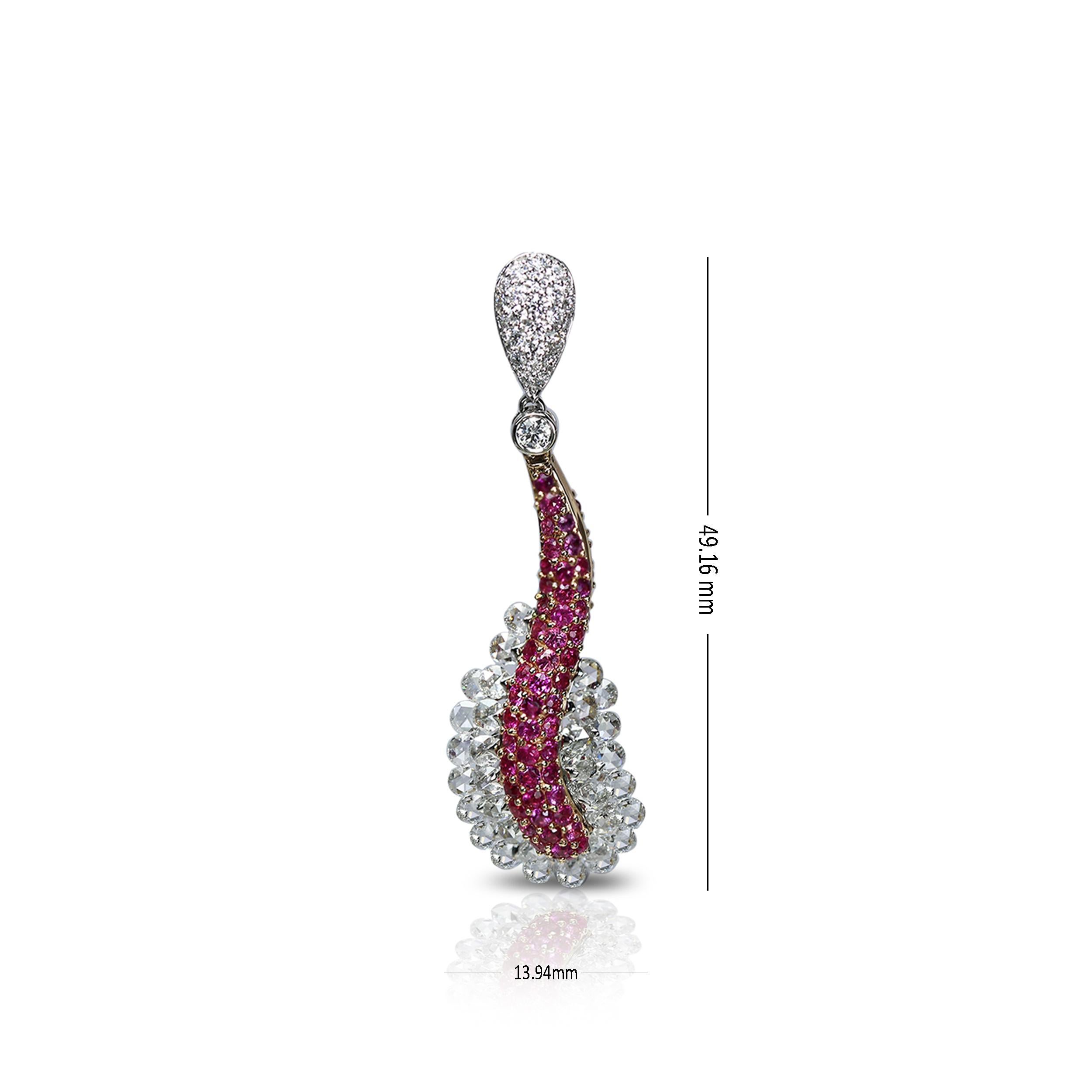 Studio Rêves 18 Karat Rose Cut Diamond and Pink Sapphire Wave Pendant In New Condition For Sale In Mumbai, Maharashtra
