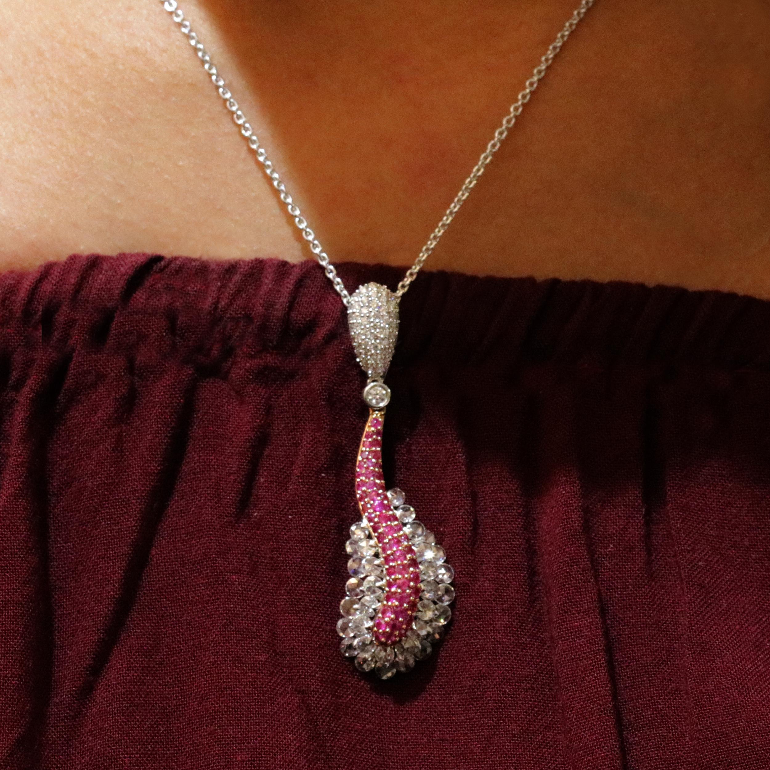 Studio Rêves 18 Karat Rose Cut Diamond and Pink Sapphire Wave Pendant For Sale 1