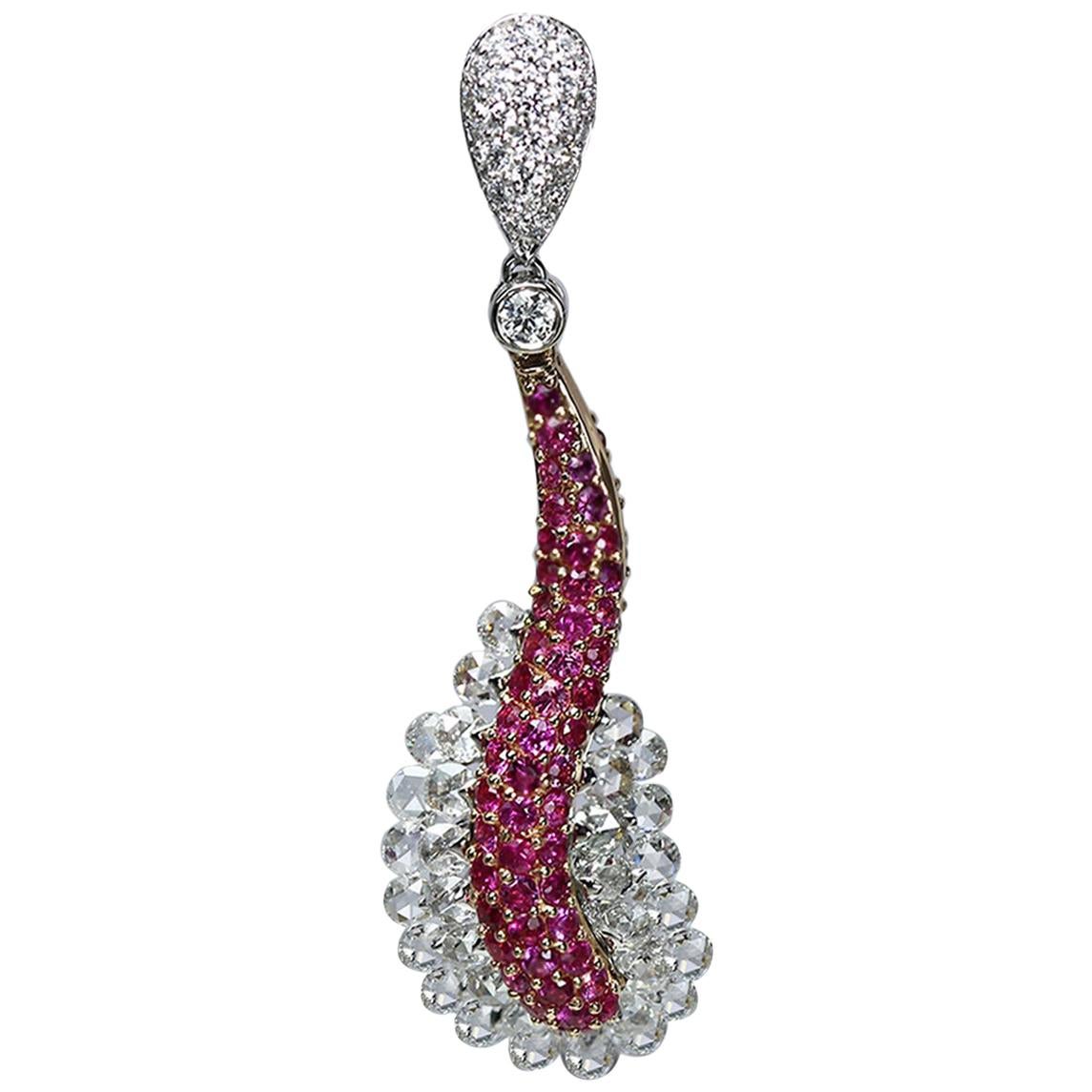 Studio Rêves 18 Karat Rose Cut Diamond and Pink Sapphire Wave Pendant For Sale